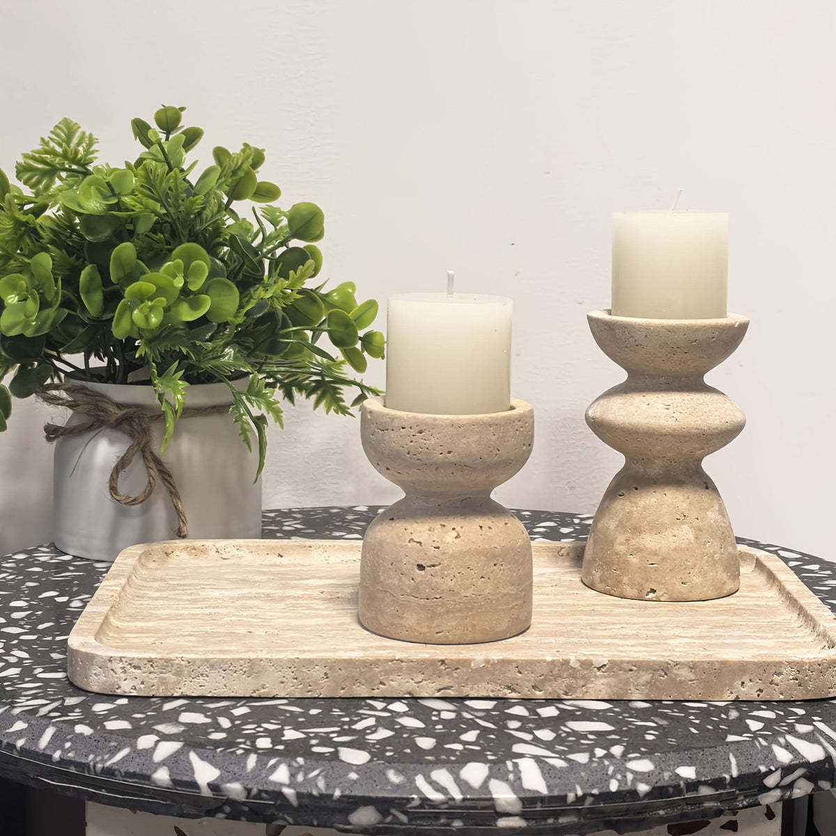 Travertine candle holders on a kitchen counter - Kitchen & Home collection