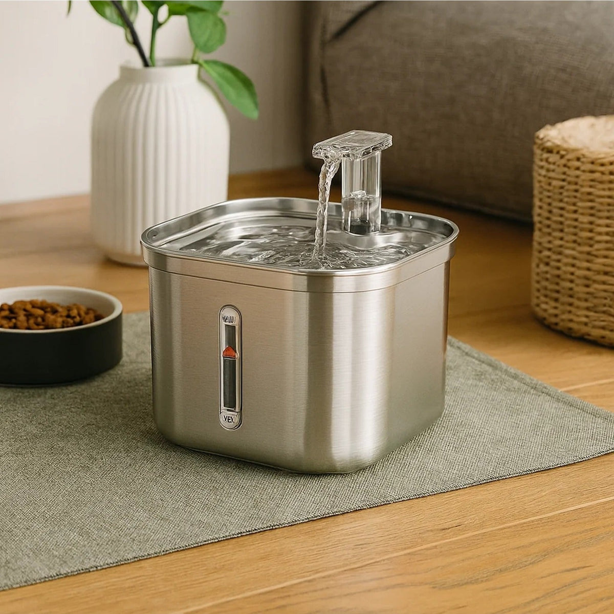 Stainless steel pet water fountain in a living room - Pet Essentials collection