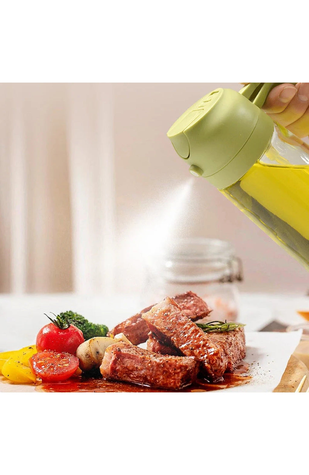 2-in-1 Glass Oil Sprayer and Dispenser, 470 ml | Spray or Pour Cooking Oil and Vinegar from One Bottle | Green, Yellow or White