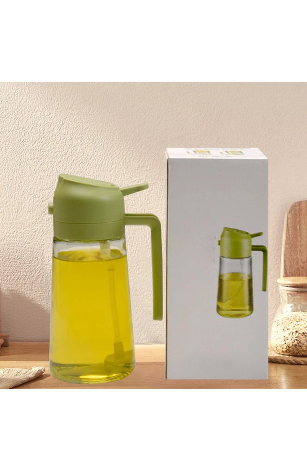 2-in-1 Glass Oil Sprayer and Dispenser, 470 ml | Spray or Pour Cooking Oil and Vinegar from One Bottle | Green, Yellow or White