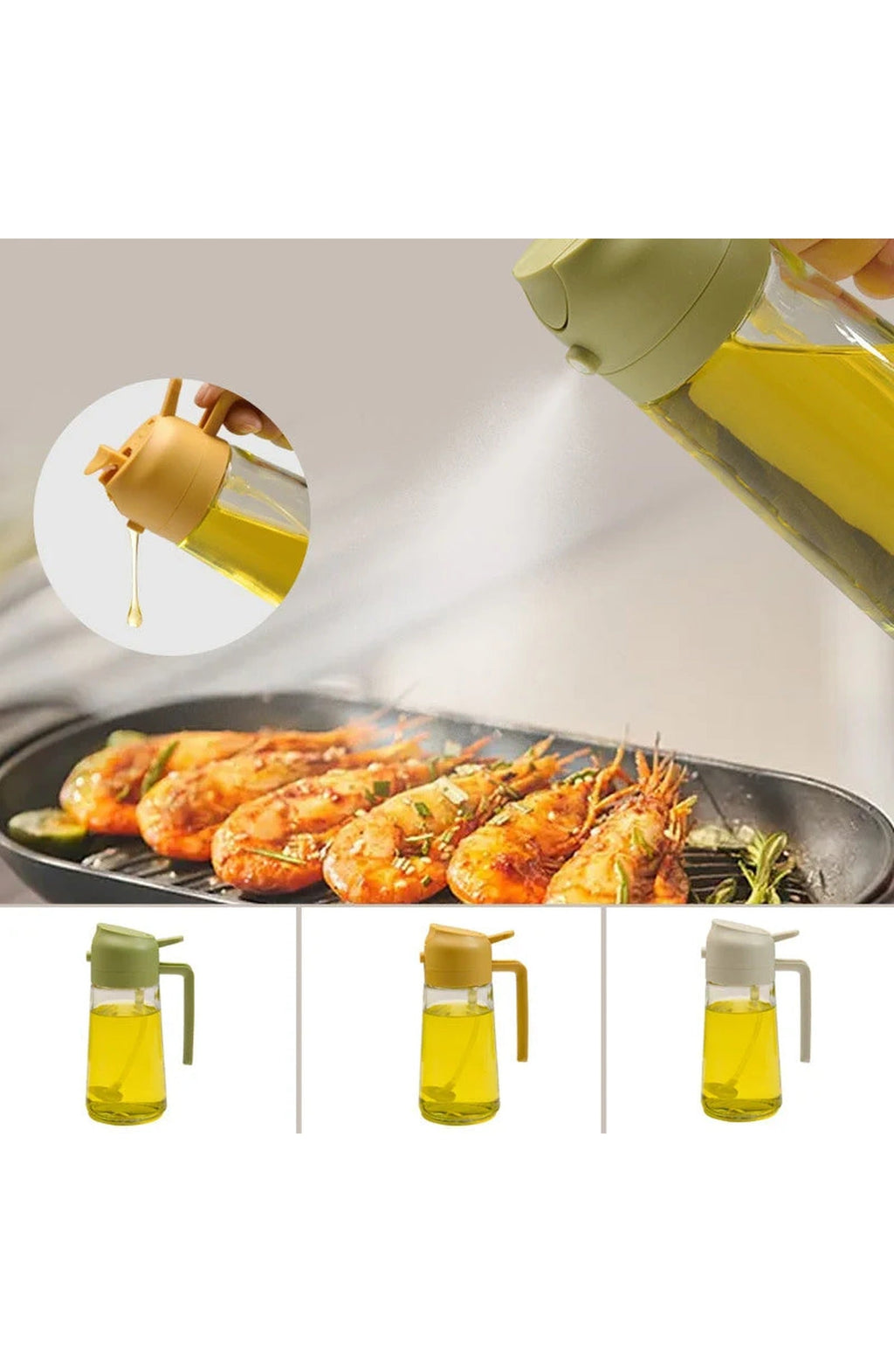 2-in-1 Glass Oil Sprayer and Dispenser, 470 ml | Spray or Pour Cooking Oil and Vinegar from One Bottle | Green, Yellow or White