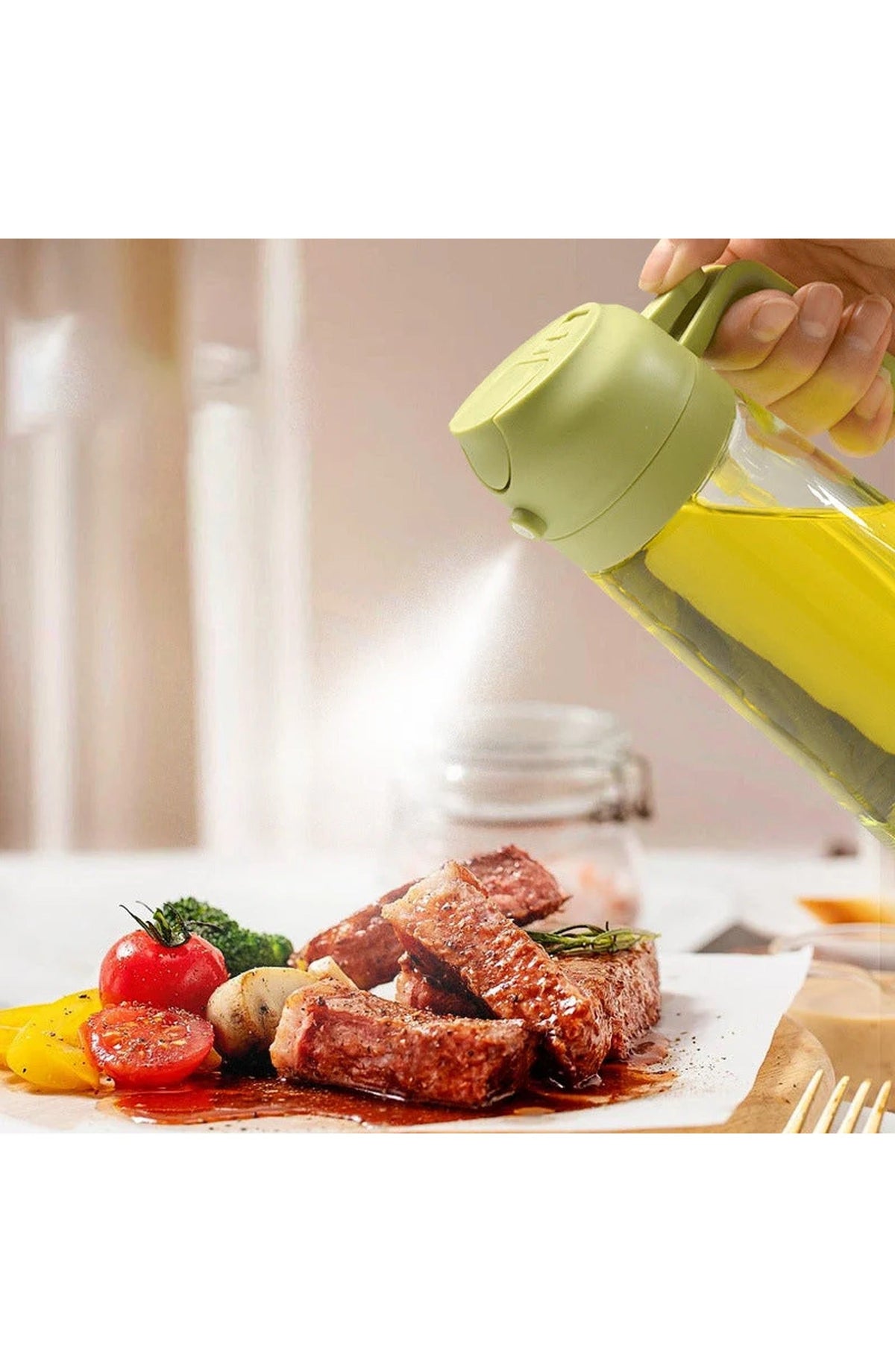 2-in-1 Glass Oil Sprayer and Dispenser, 470 ml | Spray or Pour Cooking Oil and Vinegar from One Bottle | Green, Yellow or White