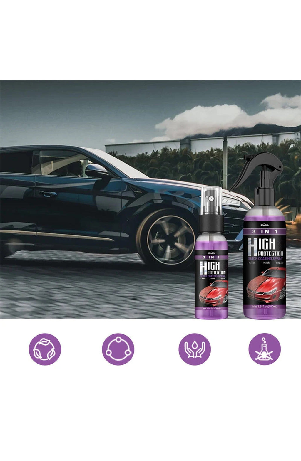 3-in-1 Quick Car Coating Spray | Waterless Wash, Gloss Coating and Paint Refresh in One Bottle | For Paint, Plastic and Glass