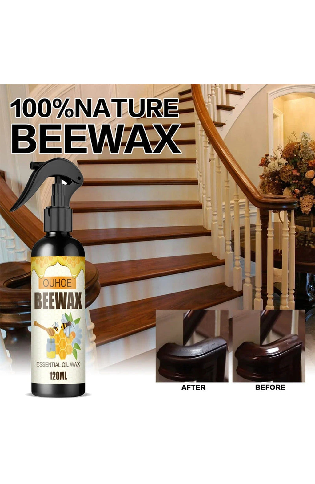 Beeswax Furniture Polish Spray, 120 ml | Cleans and Polishes Wood Cabinets and Furniture to a Natural Gloss | Packs of 1 to 3
