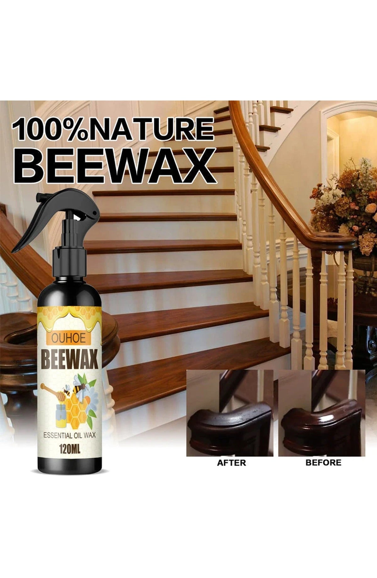 Beeswax Furniture Polish Spray, 120 ml | Cleans and Polishes Wood Cabinets and Furniture to a Natural Gloss | Packs of 1 to 3