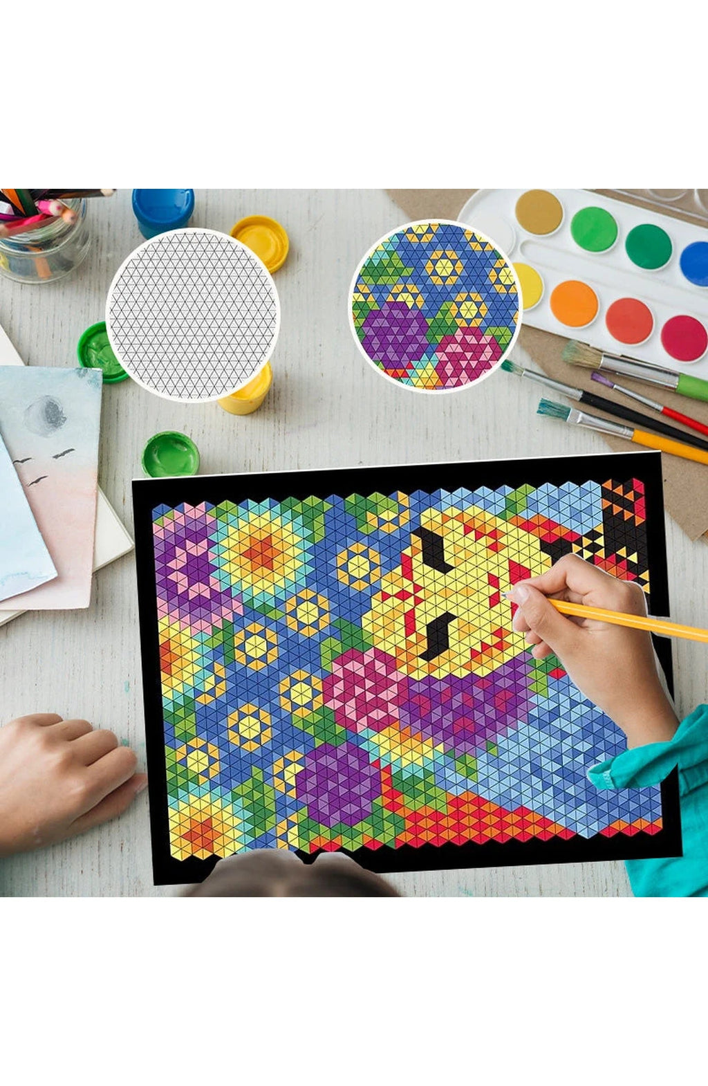 Color by Numbers Book Set with 100 Mosaic Designs on Black Backgrounds | 4 Books of Squares, Triangles, Hexagons and Circles