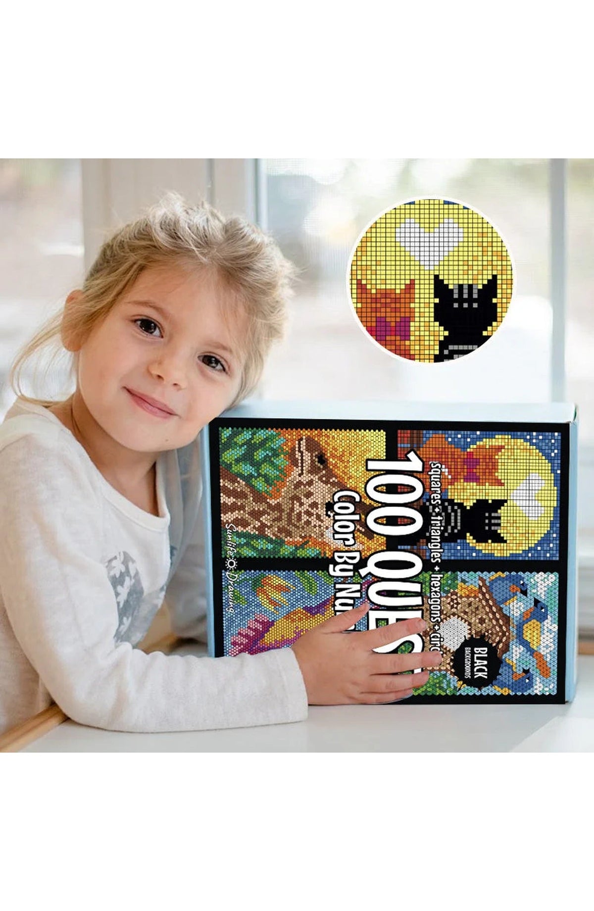 Color by Numbers Book Set with 100 Mosaic Designs on Black Backgrounds | 4 Books of Squares, Triangles, Hexagons and Circles