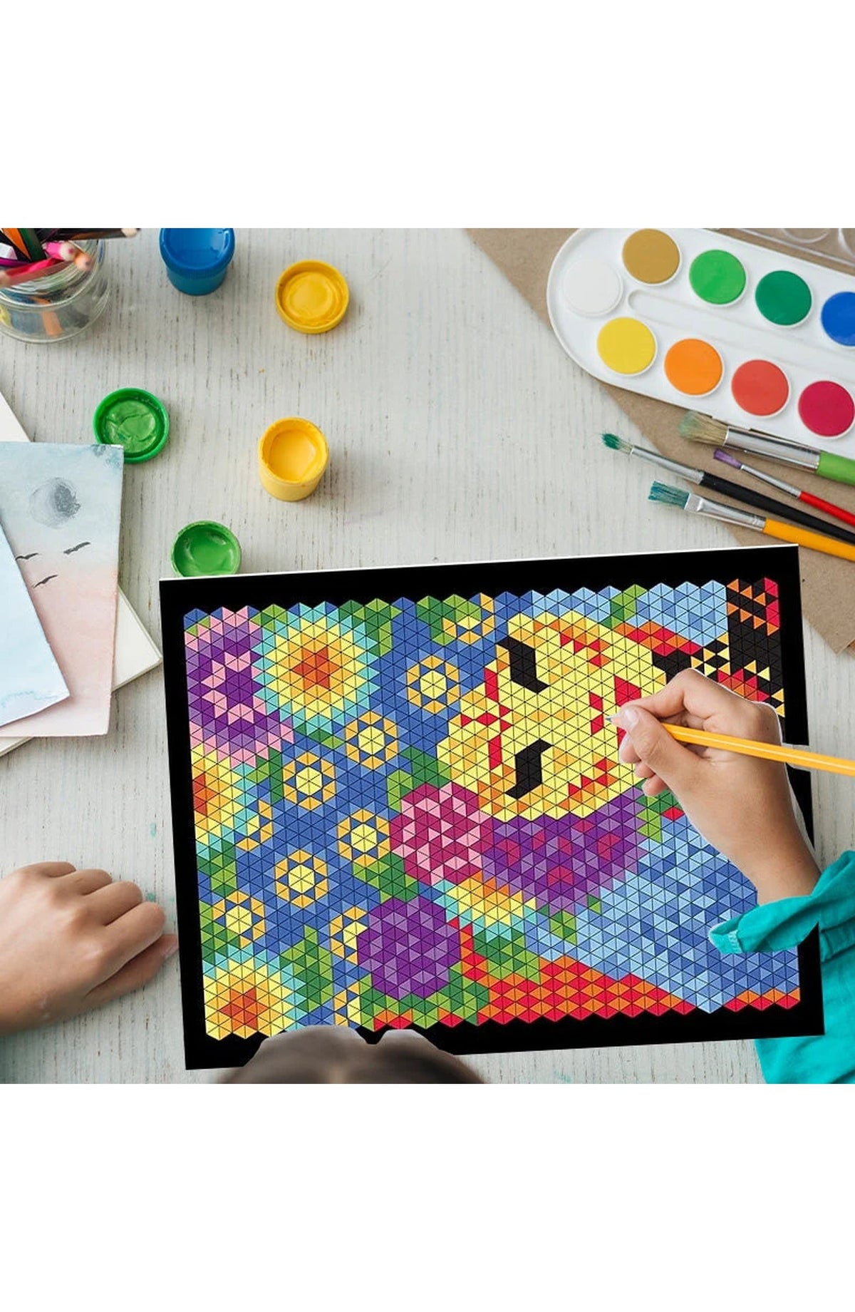 Color by Numbers Book Set with 100 Mosaic Designs on Black Backgrounds | 4 Books of Squares, Triangles, Hexagons and Circles