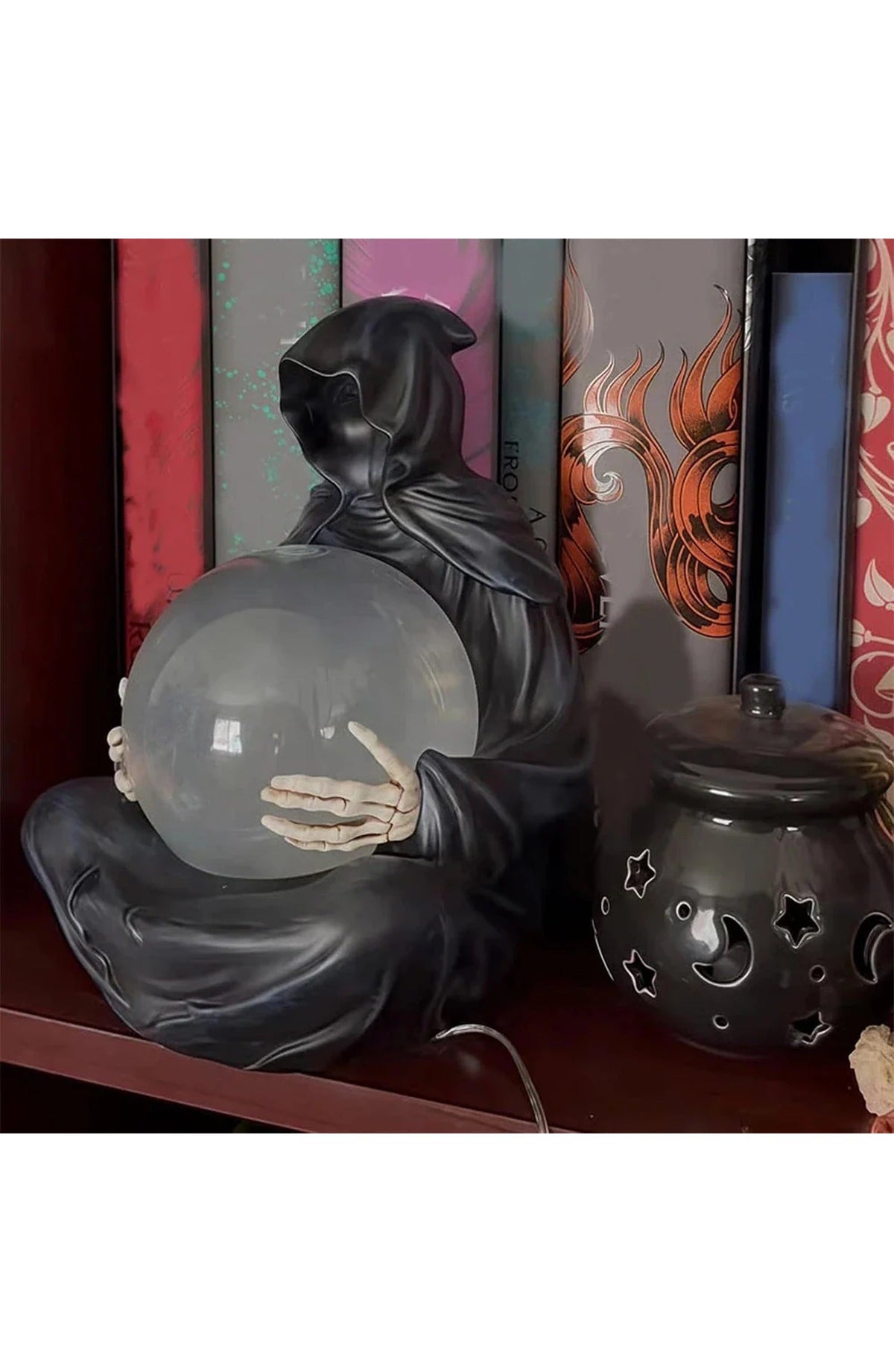 Grim Reaper Crystal Ball Light | 5.98 In Resin Figure with LED Orb and Floating Bats | USB Powered Decor for Desk or Shelf