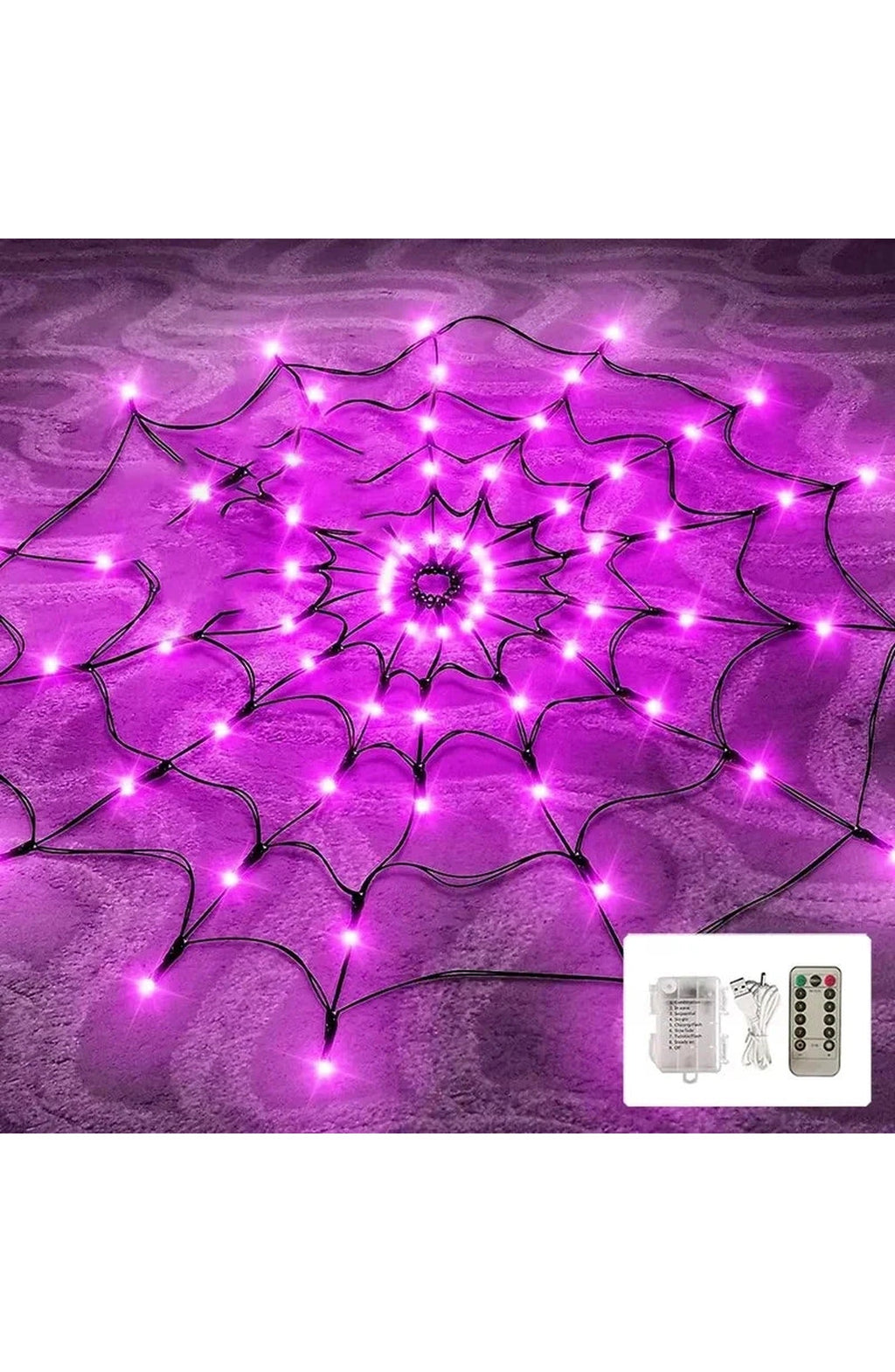 Halloween Spider Web Light with 70 LEDs | 8 Modes in Purple or Orange, 8 to 10 Hour Runtime | IP65 Waterproof, Bendable Spider