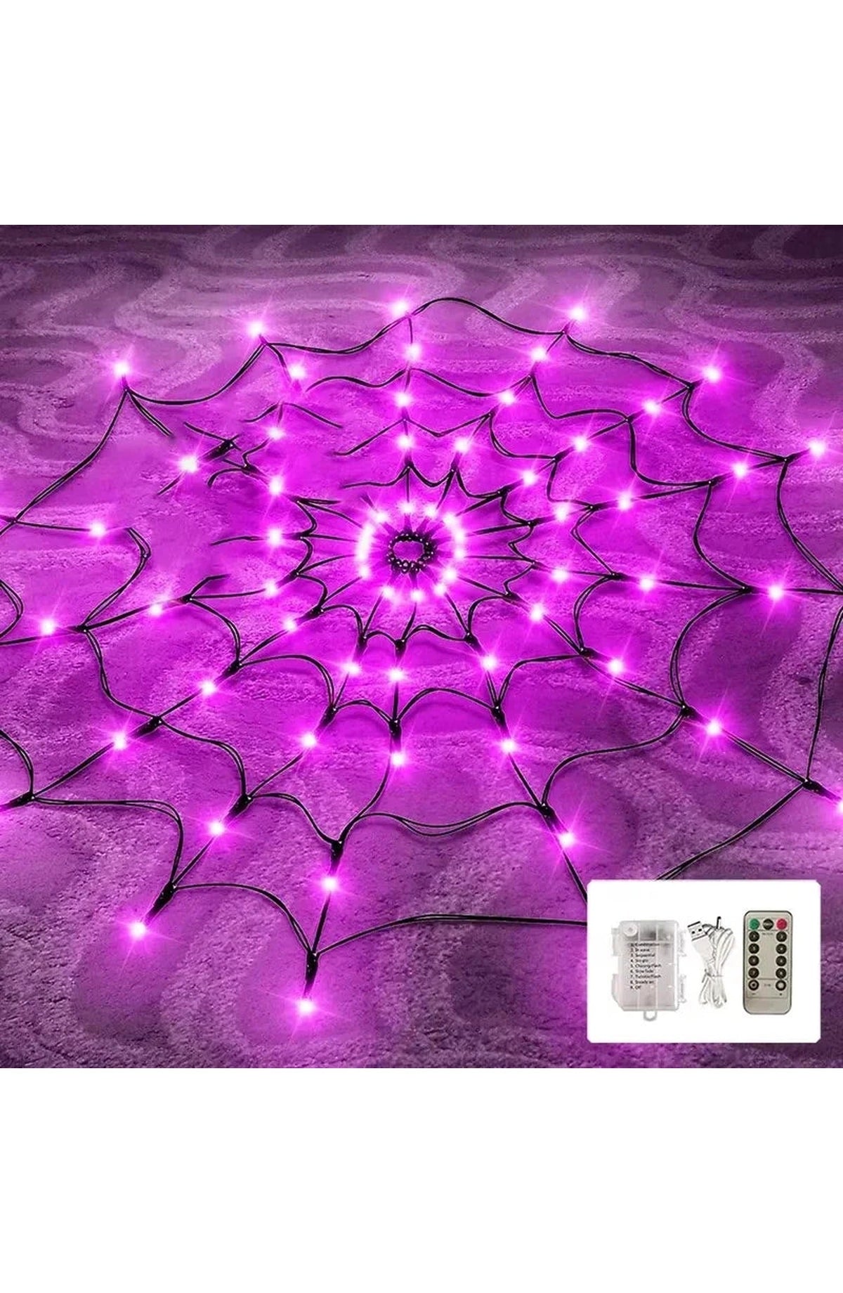 Halloween Spider Web Light with 70 LEDs | 8 Modes in Purple or Orange, 8 to 10 Hour Runtime | IP65 Waterproof, Bendable Spider