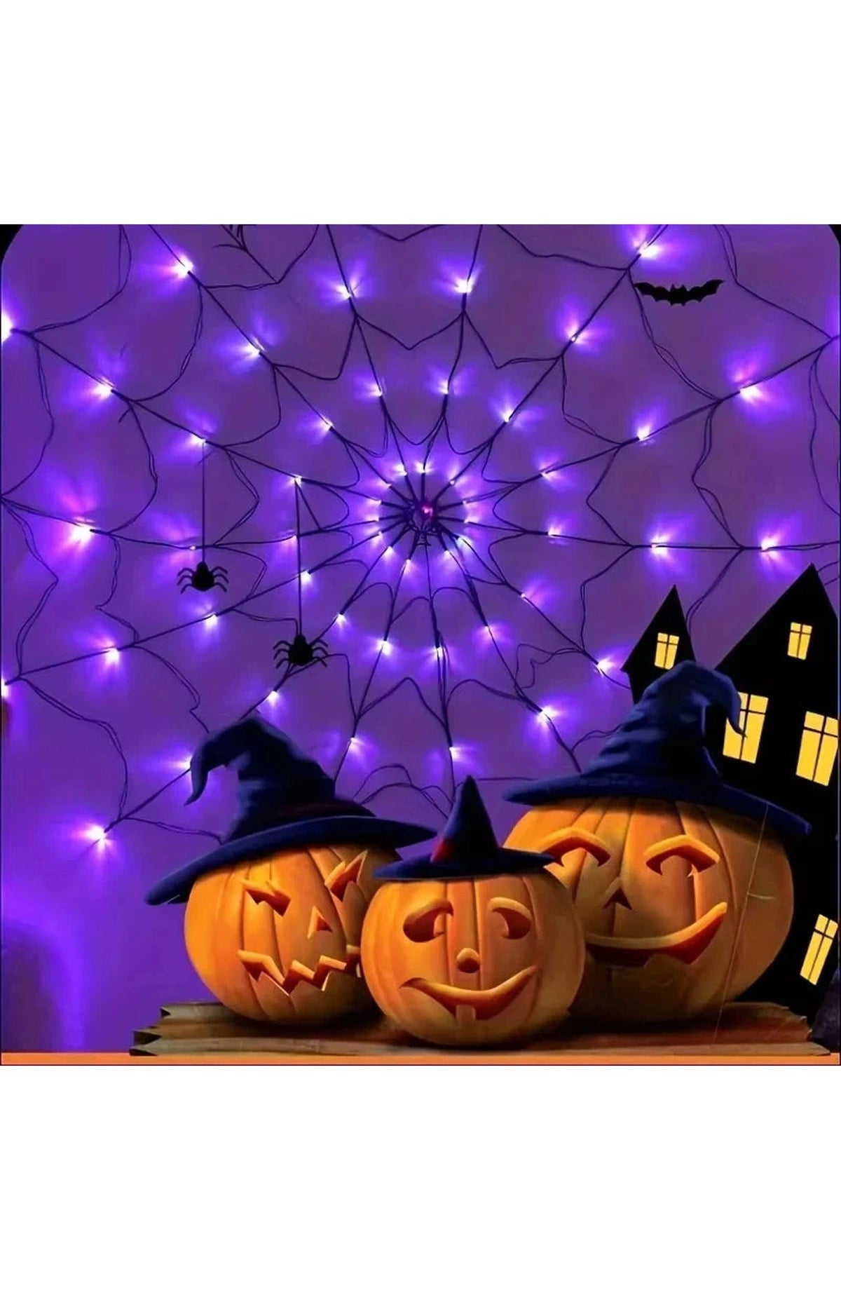 Halloween Spider Web Light with 70 LEDs | 8 Modes in Purple or Orange, 8 to 10 Hour Runtime | IP65 Waterproof, Bendable Spider