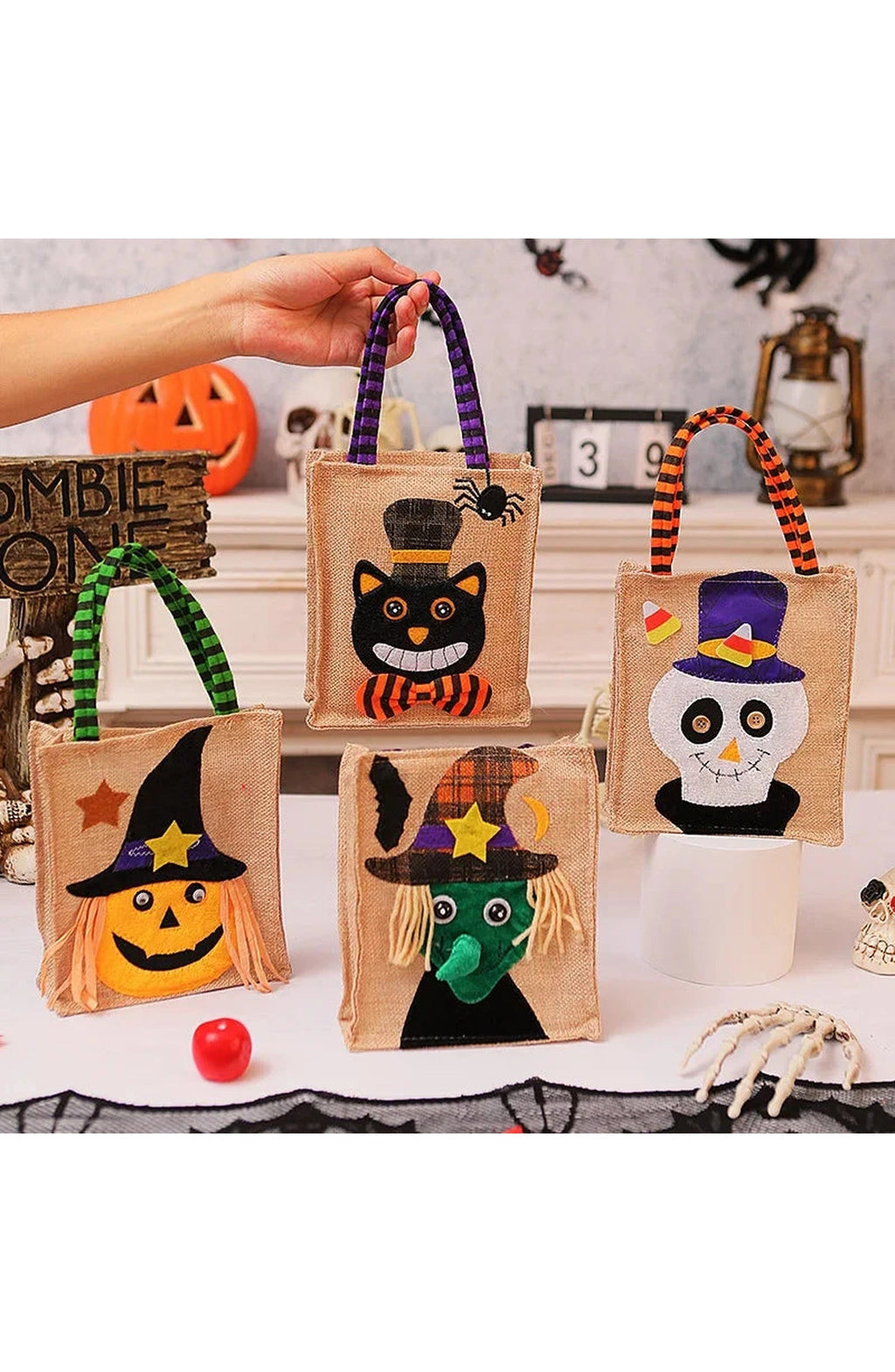 Halloween Trick or Treat Bag | 10.23 x 5.9 In Washable Cotton Linen with Stitched Handles | Pumpkin, Cat, Witch or Skull Design