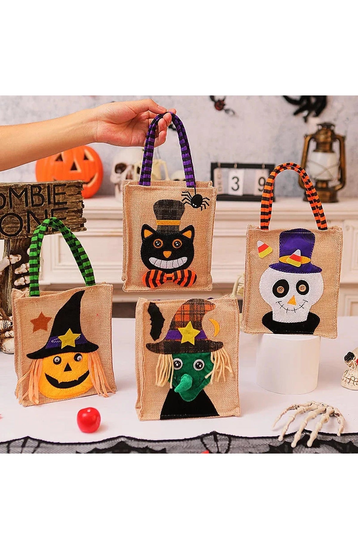 Halloween Trick or Treat Bag | 10.23 x 5.9 In Washable Cotton Linen with Stitched Handles | Pumpkin, Cat, Witch or Skull Design