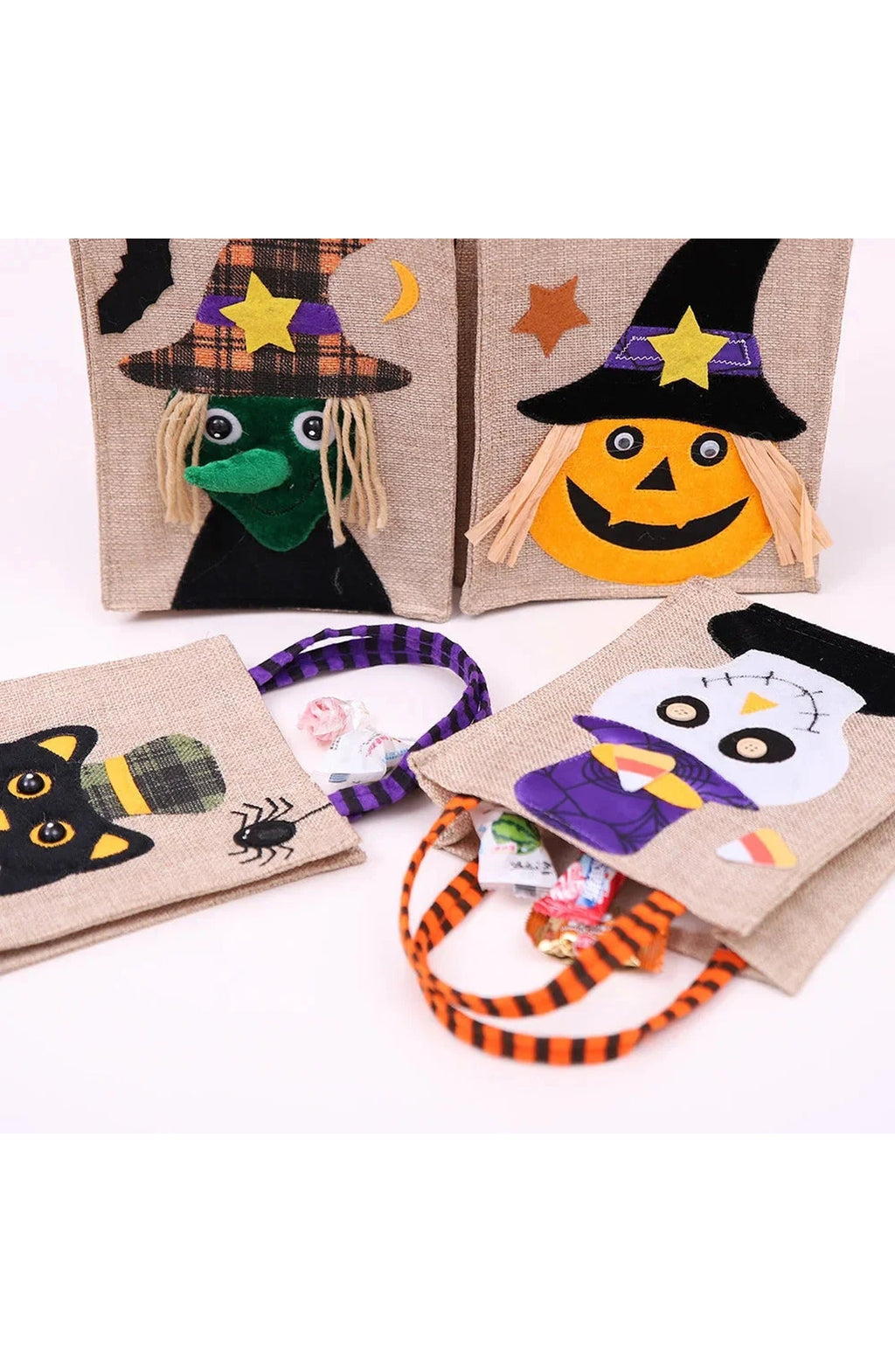 Halloween Trick or Treat Bag | 10.23 x 5.9 In Washable Cotton Linen with Stitched Handles | Pumpkin, Cat, Witch or Skull Design