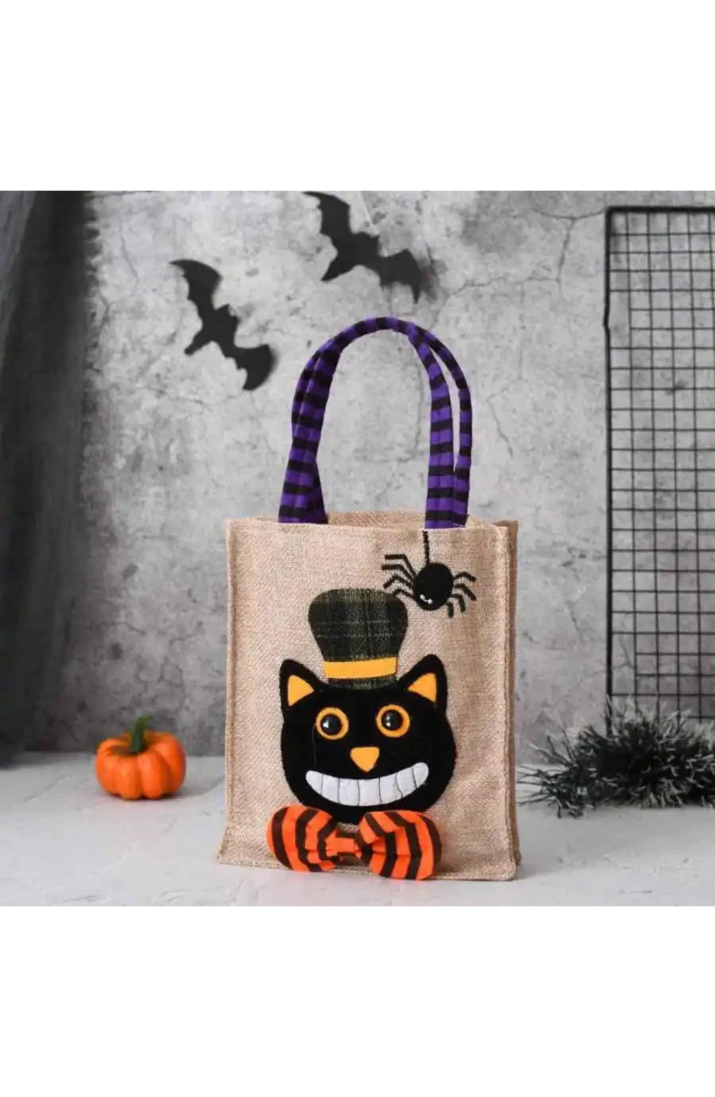 Halloween Trick or Treat Bag | 10.23 x 5.9 In Washable Cotton Linen with Stitched Handles | Pumpkin, Cat, Witch or Skull Design