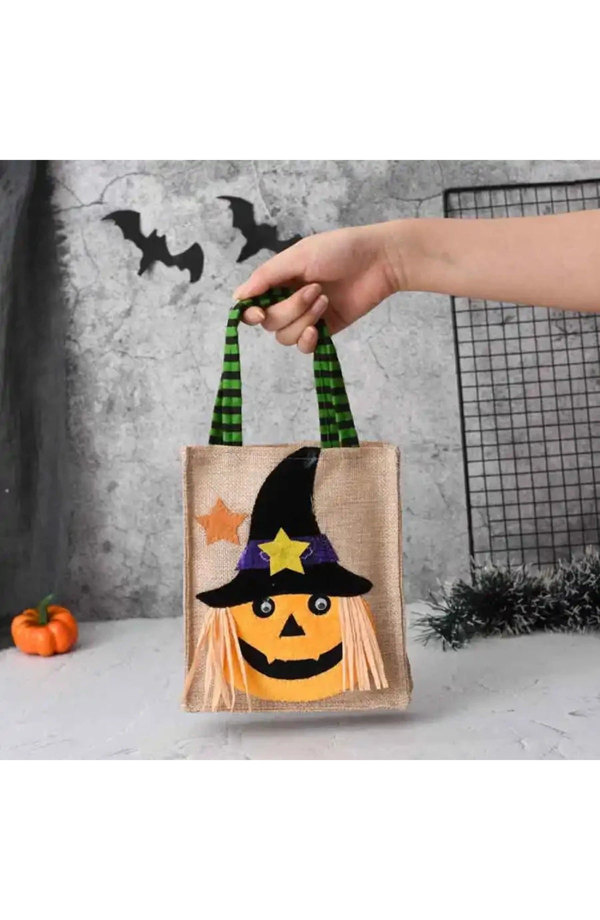 Halloween Trick or Treat Bag | 10.23 x 5.9 In Washable Cotton Linen with Stitched Handles | Pumpkin, Cat, Witch or Skull Design