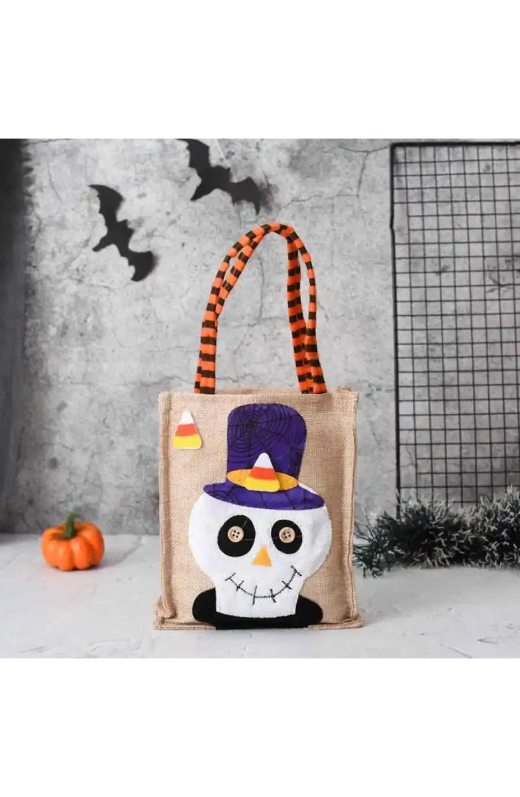 Halloween Trick or Treat Bag | 10.23 x 5.9 In Washable Cotton Linen with Stitched Handles | Pumpkin, Cat, Witch or Skull Design