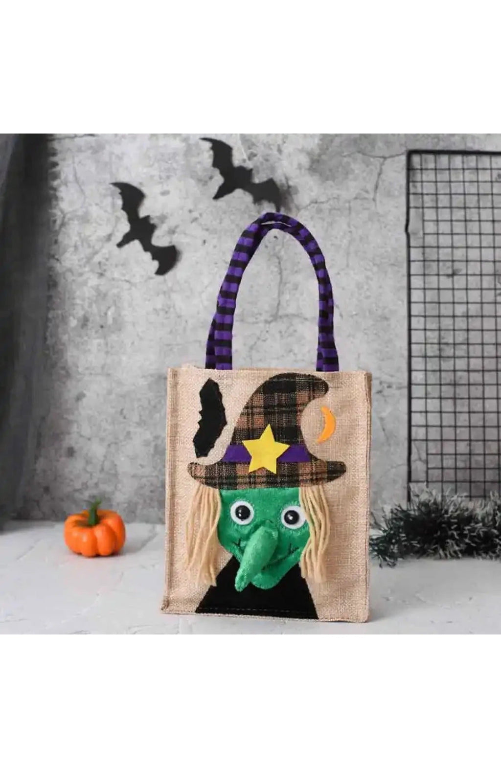 Halloween Trick or Treat Bag | 10.23 x 5.9 In Washable Cotton Linen with Stitched Handles | Pumpkin, Cat, Witch or Skull Design