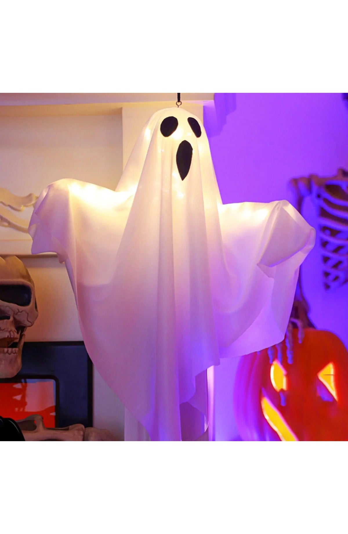 Hanging Halloween Ghost Decoration | 19.7 x 15.7 In PVC with 3 LED Light Modes | Battery Powered with Hook for Porch or Yard