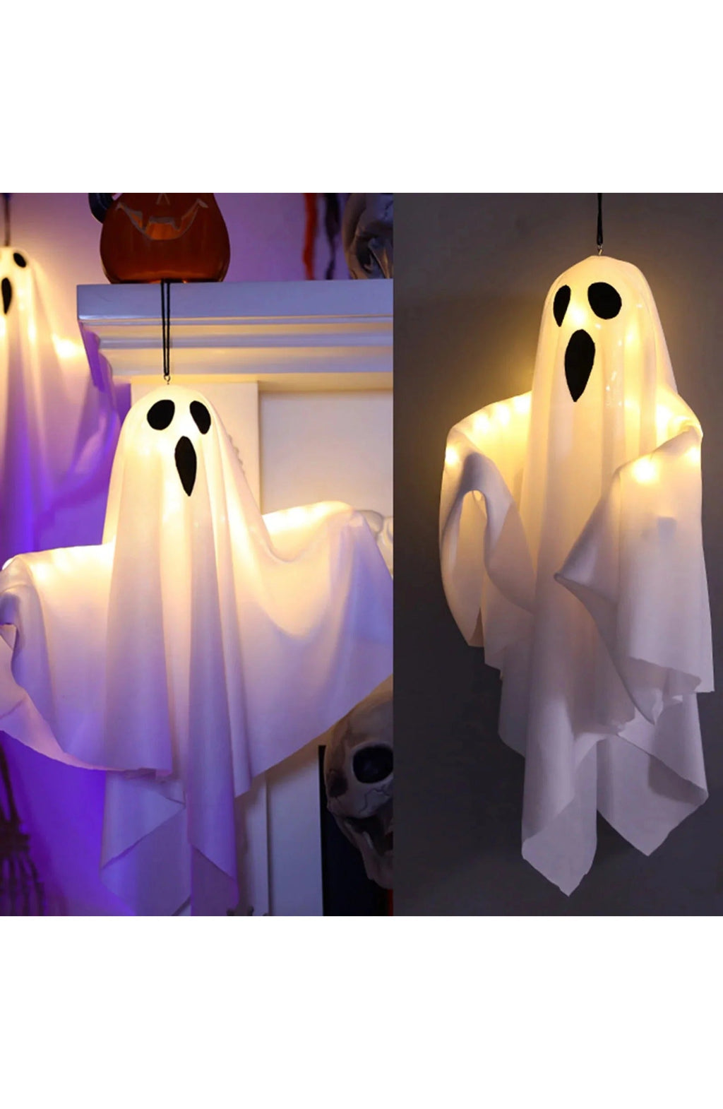 Hanging Halloween Ghost Decoration | 19.7 x 15.7 In PVC with 3 LED Light Modes | Battery Powered with Hook for Porch or Yard