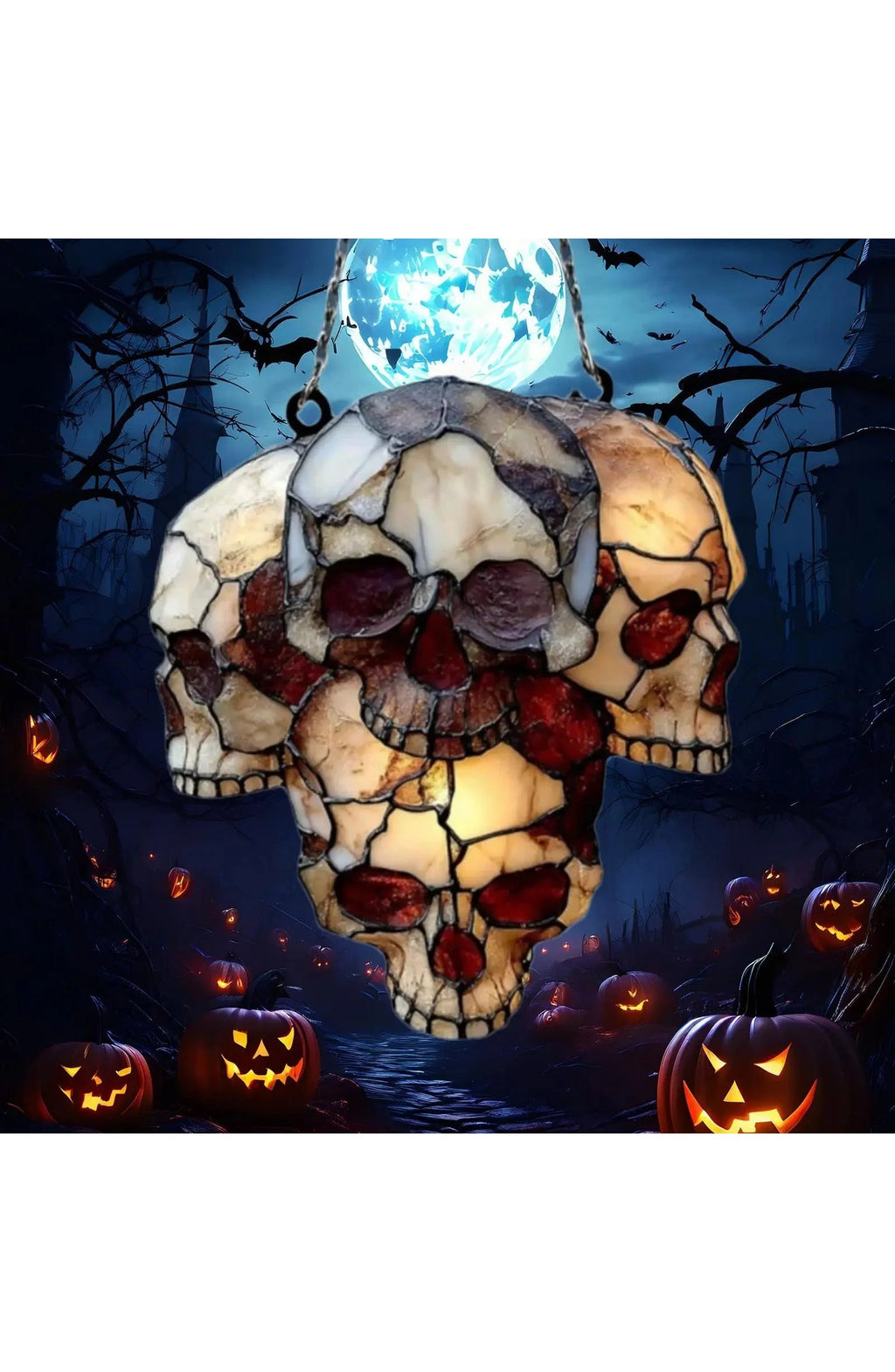 Hanging Halloween Skull Light Catcher | 5.91 In Acrylic Skulls with Cracked Detailing on a Metal Chain | 3 or 4 Skull Cluster