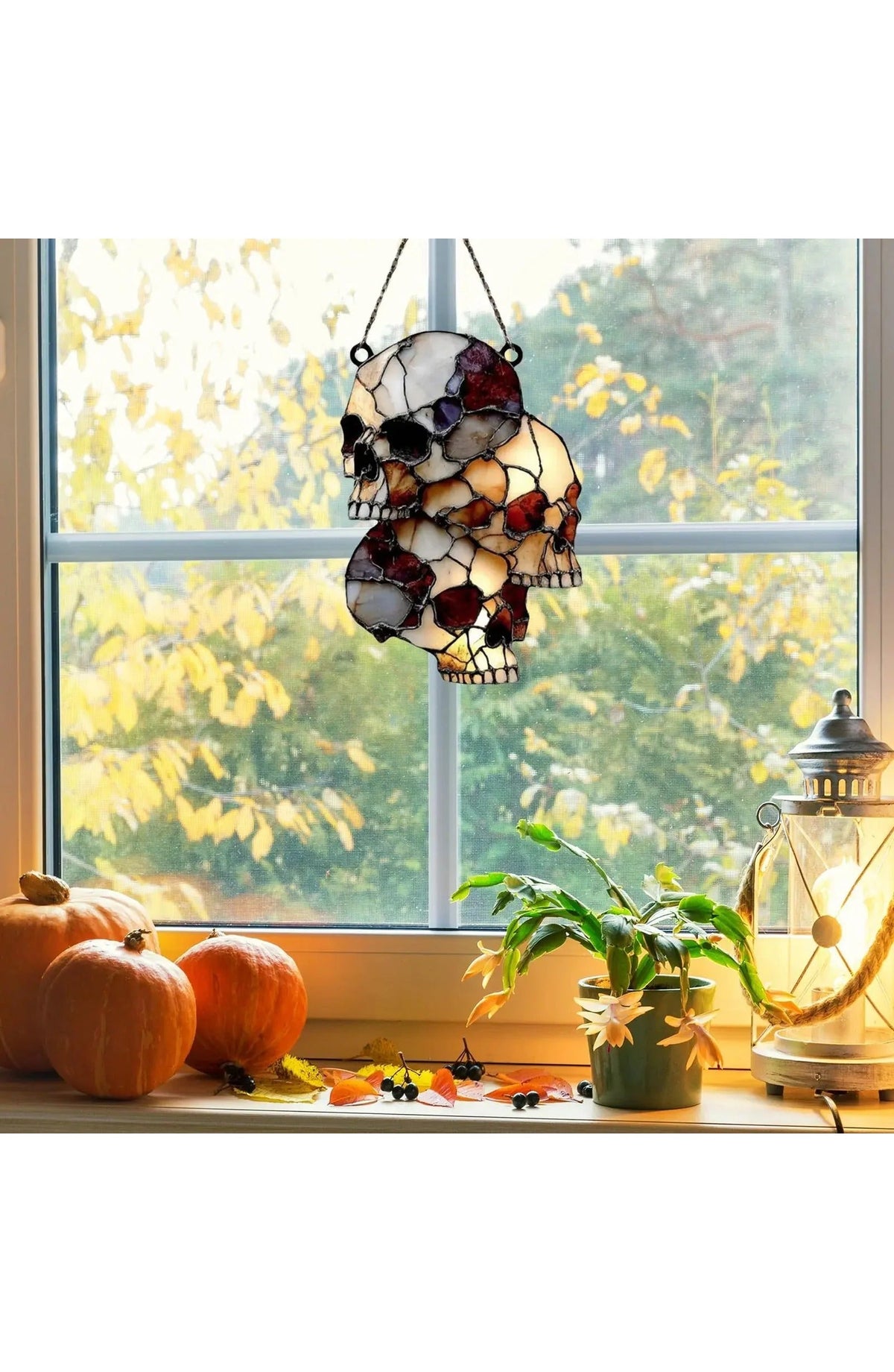 Hanging Halloween Skull Light Catcher | 5.91 In Acrylic Skulls with Cracked Detailing on a Metal Chain | 3 or 4 Skull Cluster