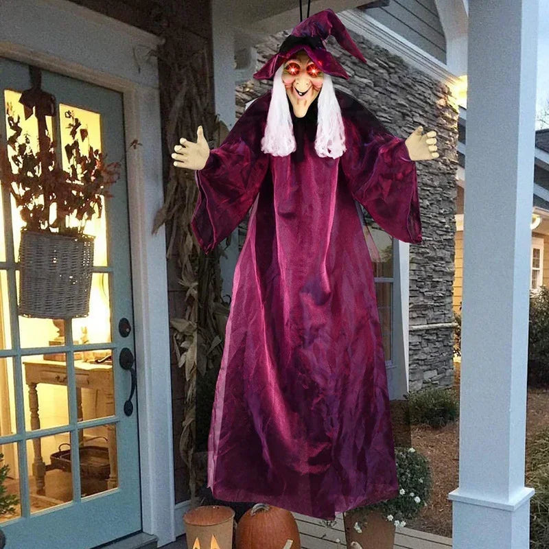 Hanging Halloween Witch Decoration with Glowing Red Eyes