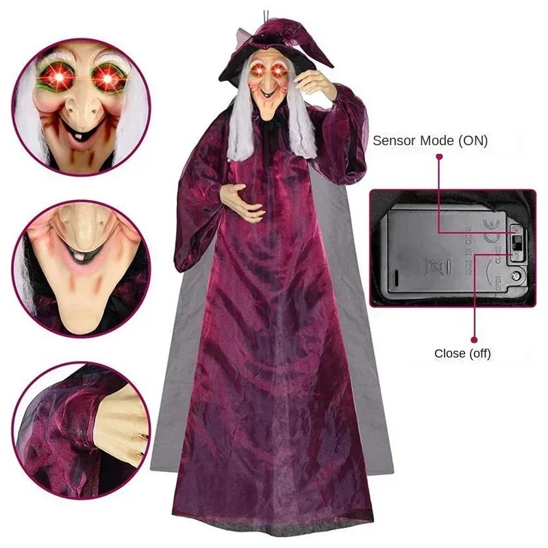 Hanging Halloween Witch Decoration with Glowing Red Eyes