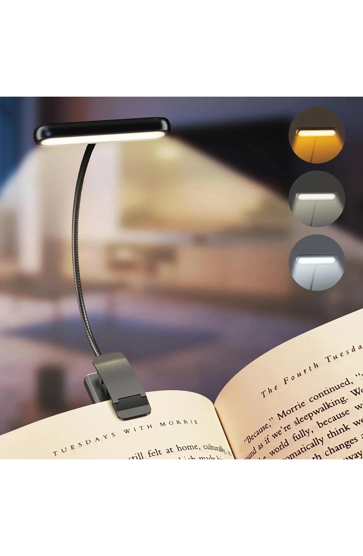 Clip-On LED Book Light - Rechargeable, 3 Lighting Modes