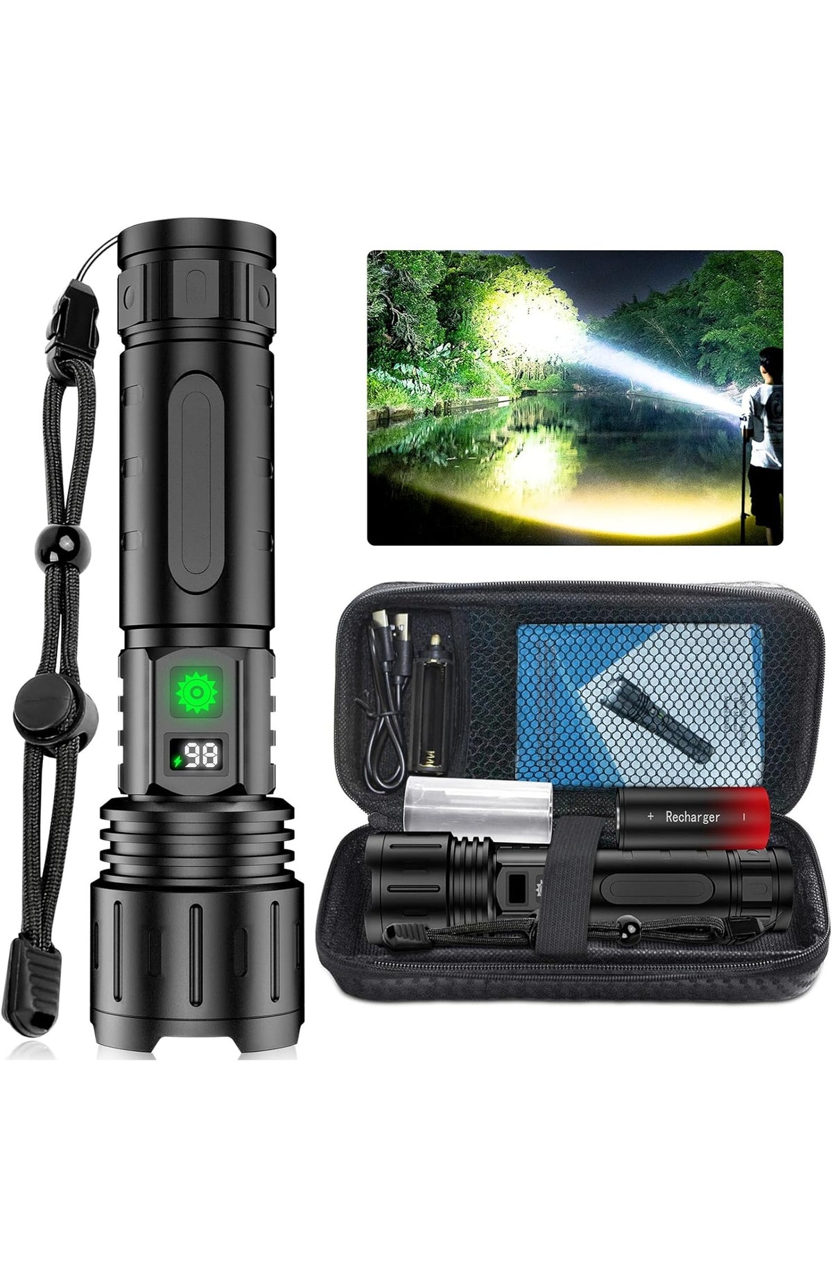 Rechargeable LED Flashlight, Zoomable Metal Torch, 5 Modes, USB-C
