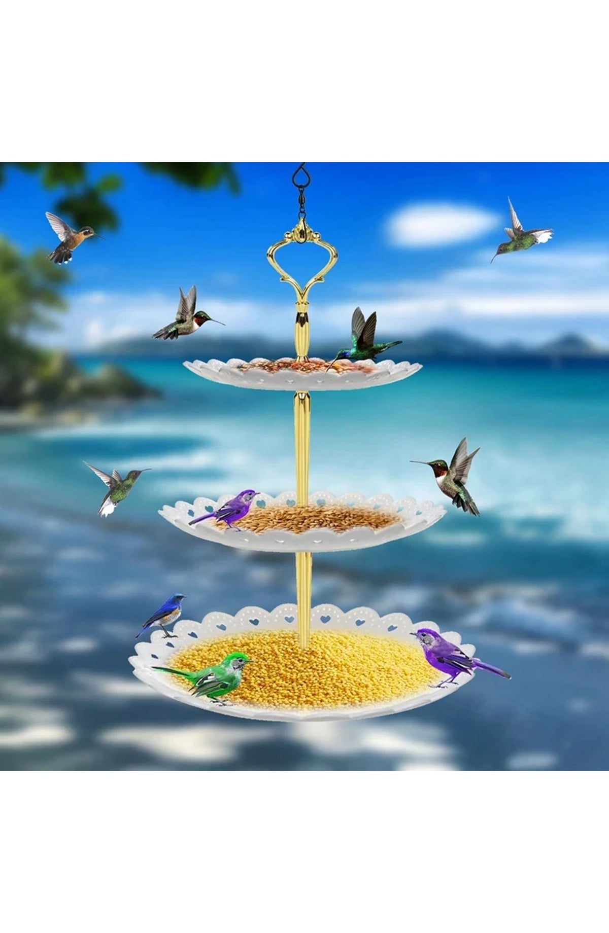 3-Tier Hanging Bird Feeder & Bird Bath Combo - Weatherproof