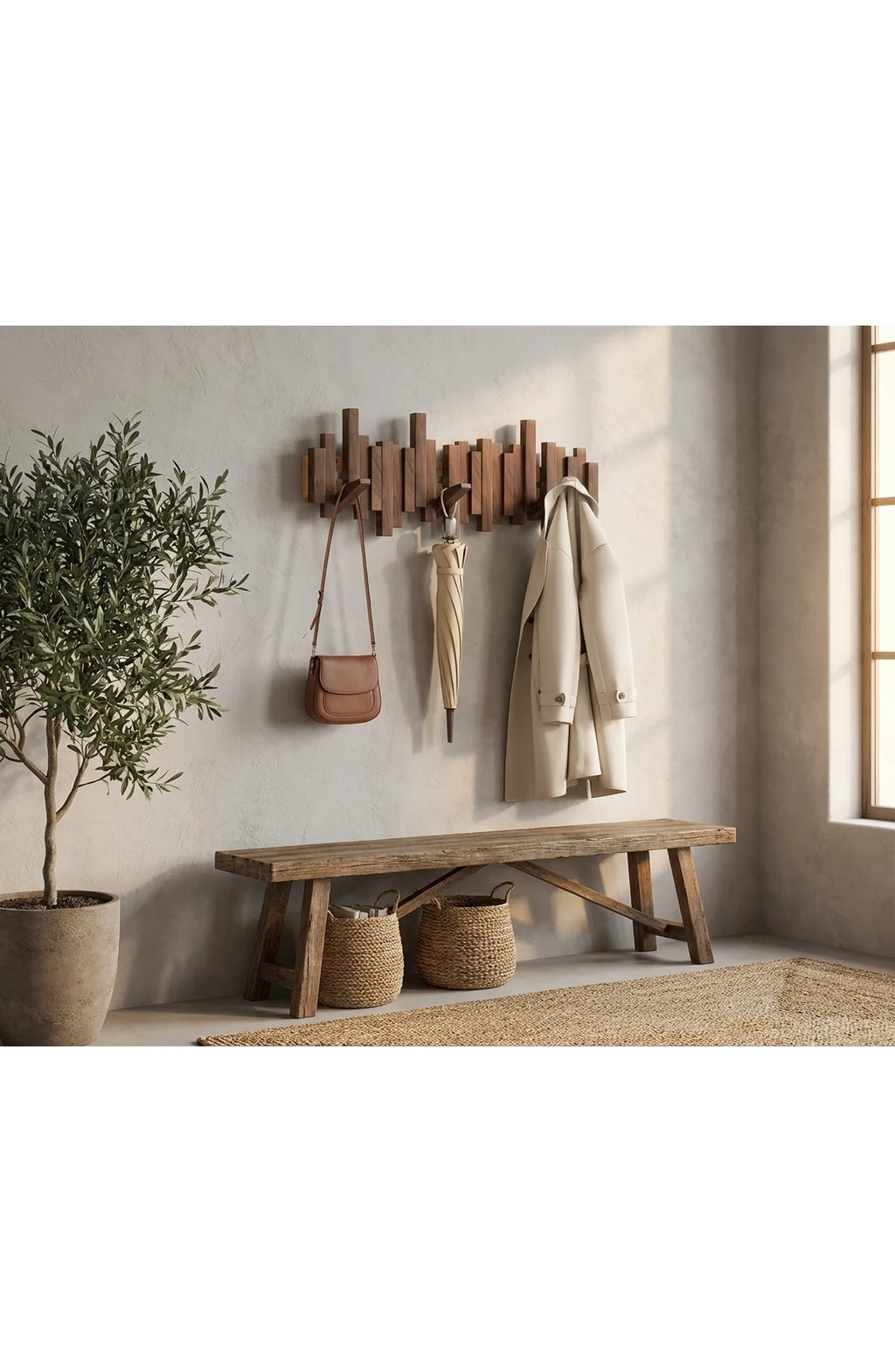 Wall Coat Rack Wooden, Skyline Hooks that Fold Flat – 3 to 8 Hooks