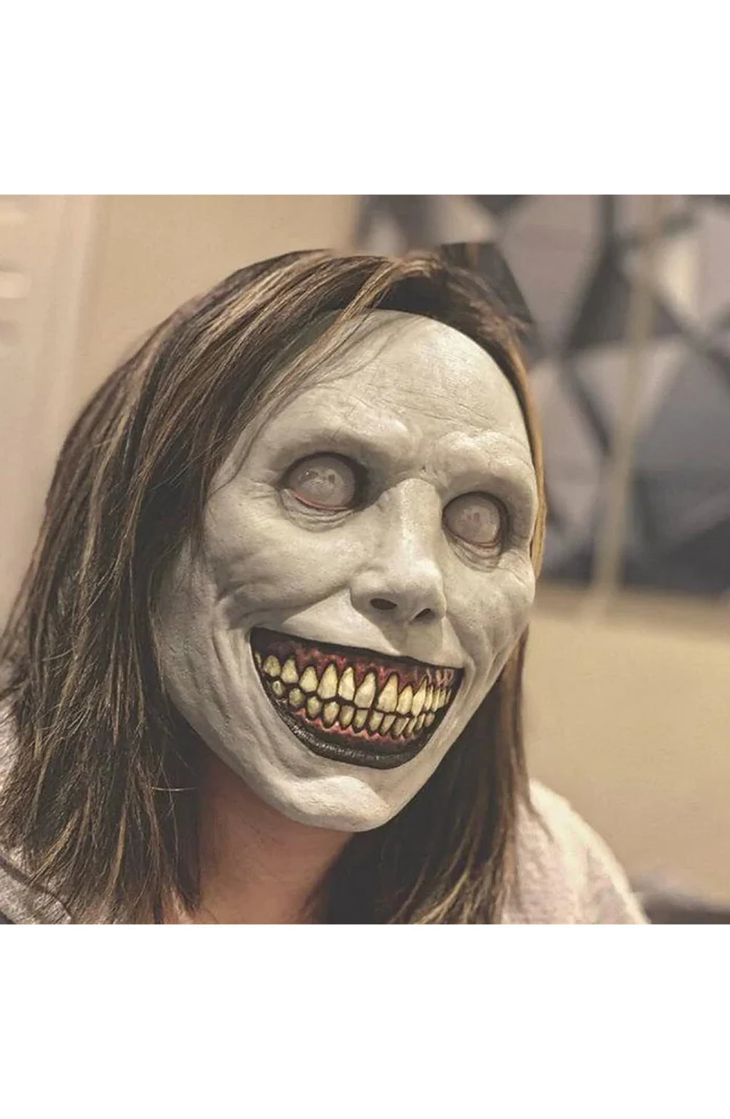 Creepy Smiling Demon Mask - White-Eyed Halloween Face Mask