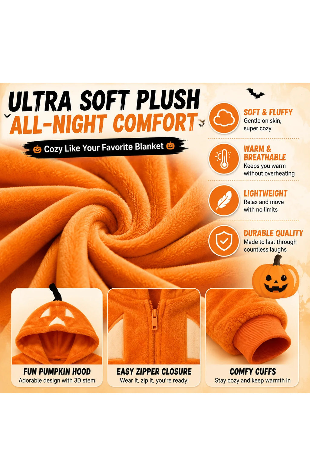 Pumpkin Plush Onesie - Hooded Halloween Jumpsuit