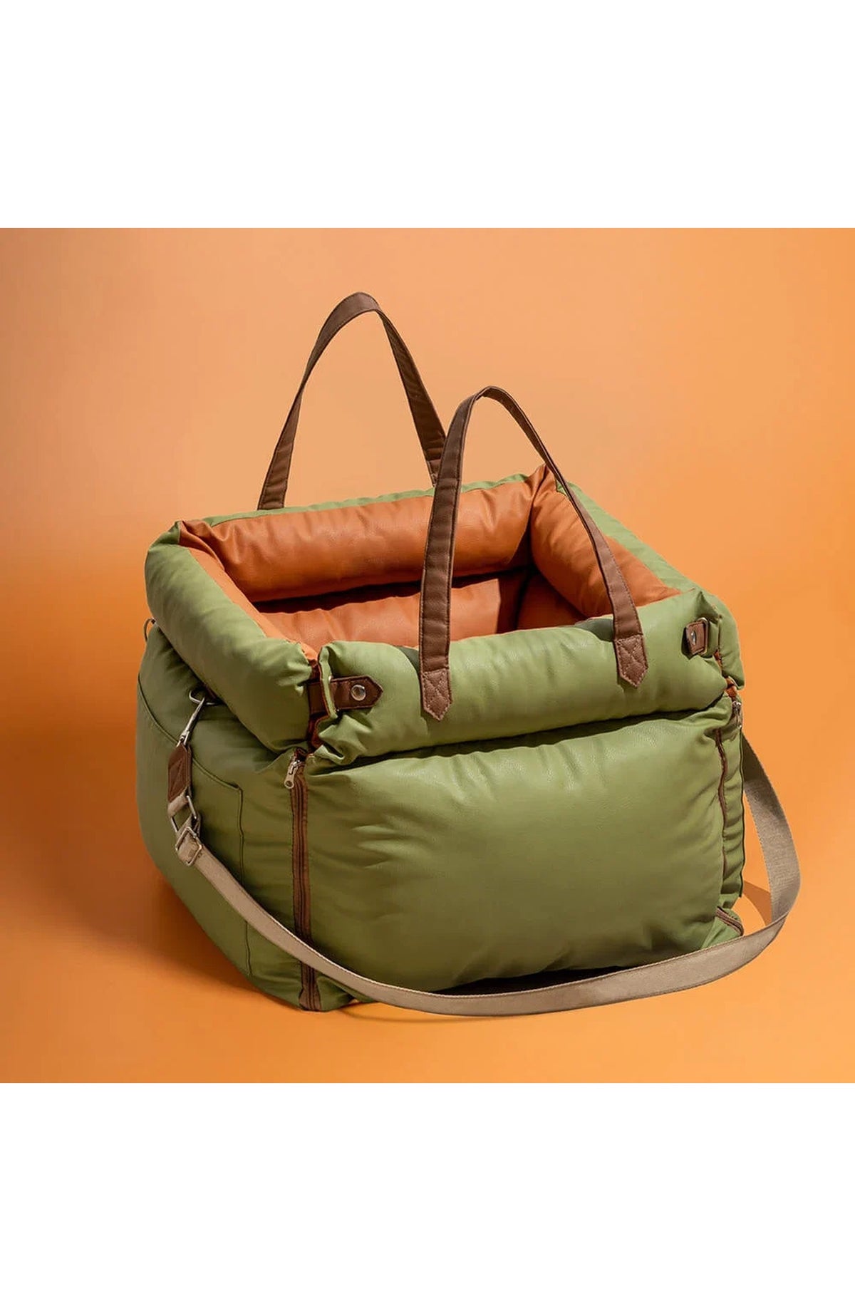 Faux Leather Pet Travel Bed - Padded Car Booster with Tether – Green