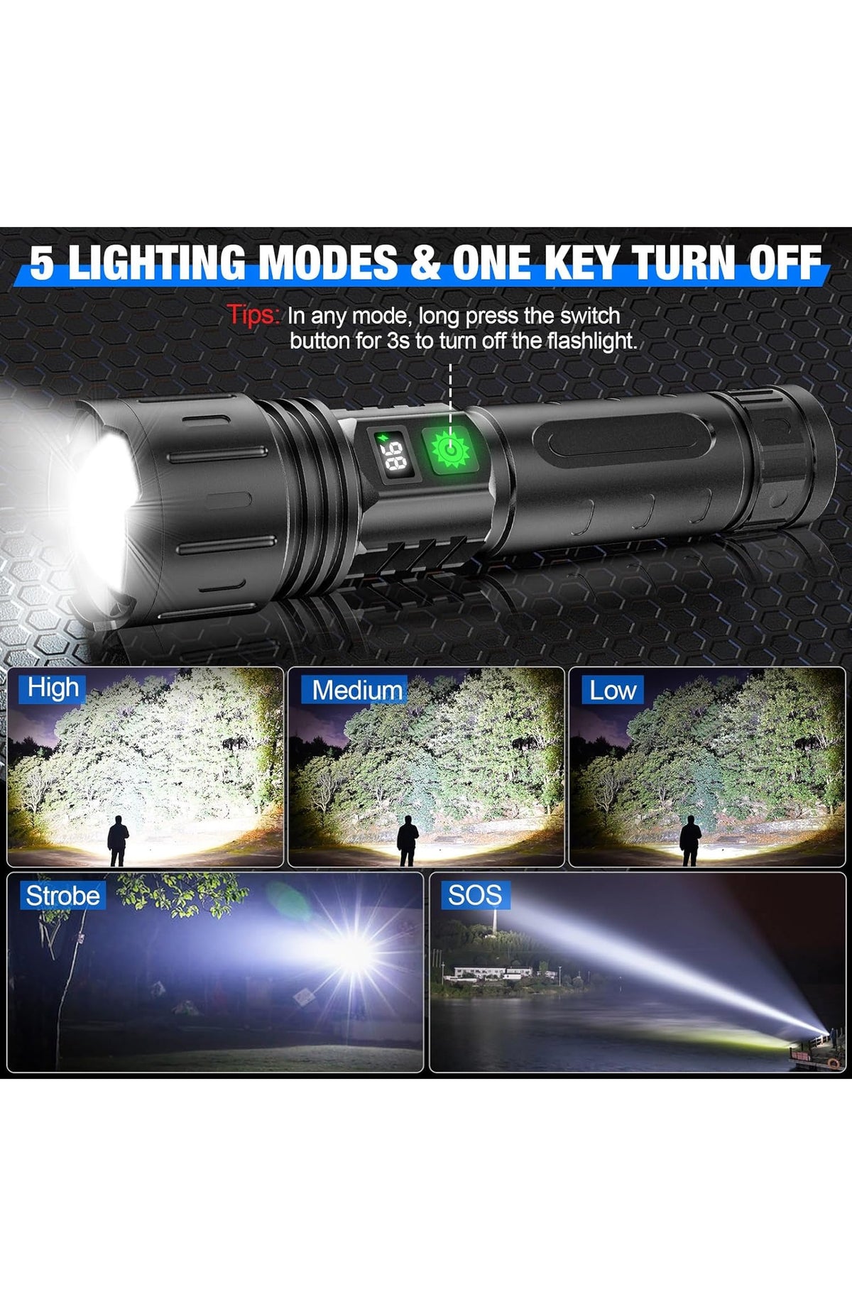Rechargeable LED Flashlight, Zoomable Metal Torch, 5 Modes, USB-C