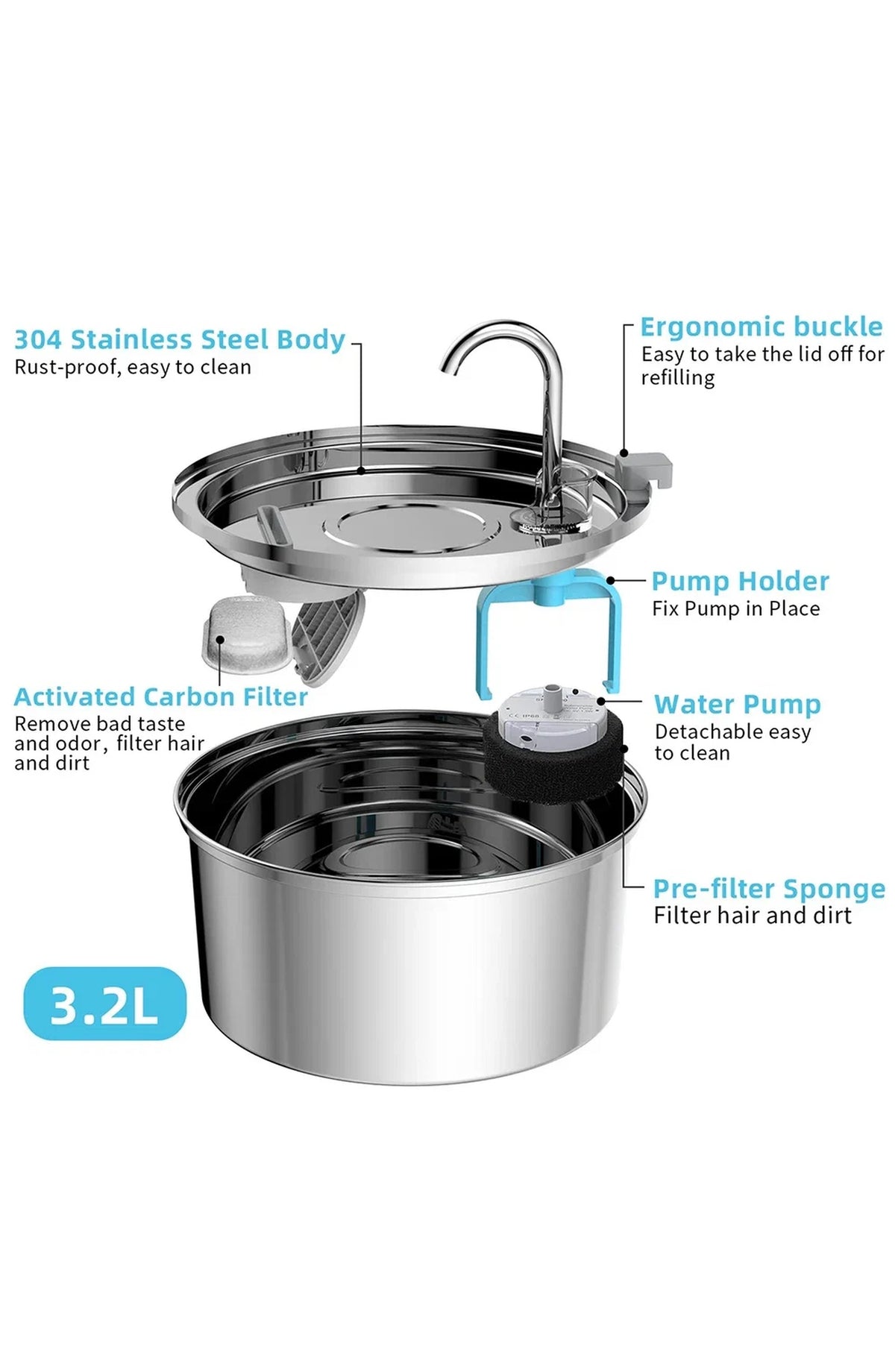 Cat Water Fountain Stainless Steel 3.2L, Quiet USB Pet Drinking Fountain