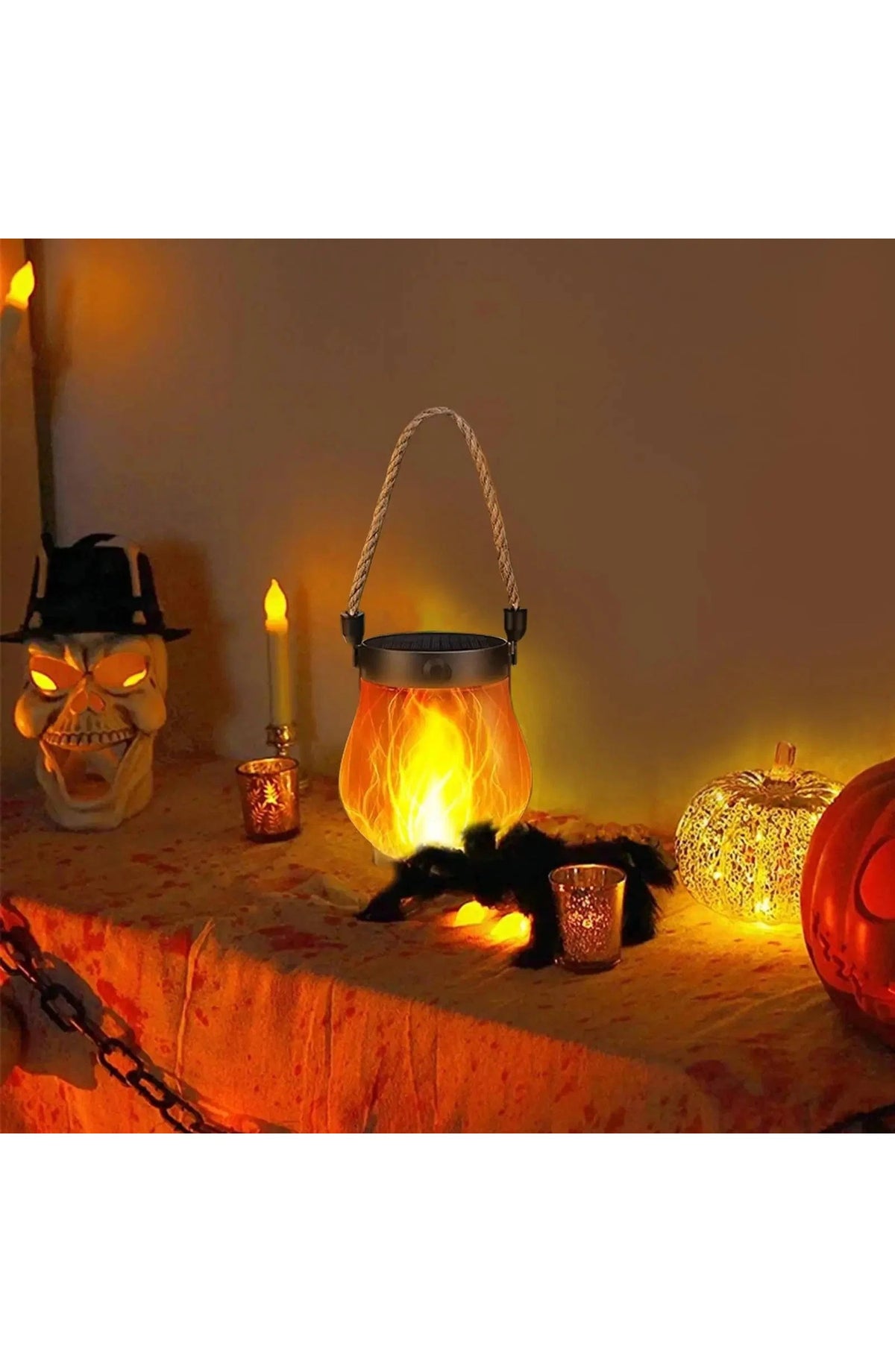 Solar Porch Lantern with Flame Effect - Rope Handle, IP65