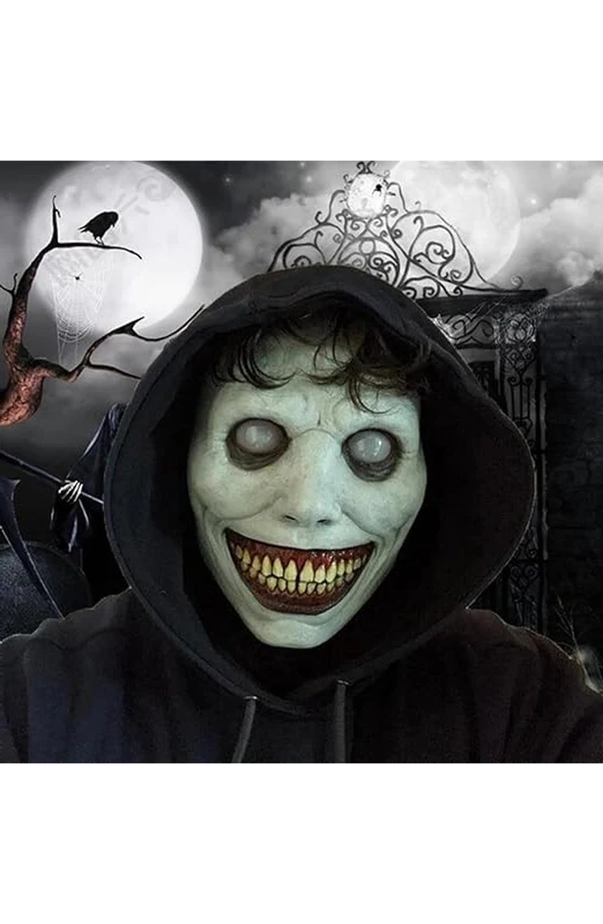 Creepy Smiling Demon Mask - White-Eyed Halloween Face Mask