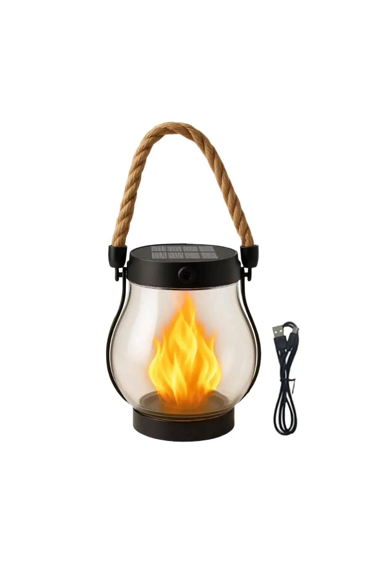 Solar Porch Lantern with Flame Effect - Rope Handle, IP65