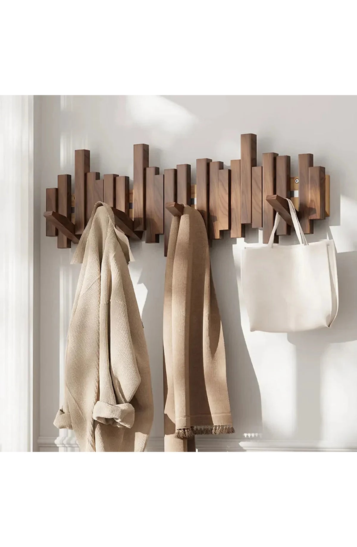 Wall Coat Rack Wooden, Skyline Hooks that Fold Flat – 3 to 8 Hooks