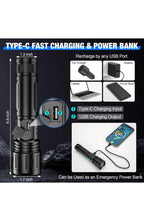 Rechargeable LED Flashlight, Zoomable Metal Torch, 5 Modes, USB-C