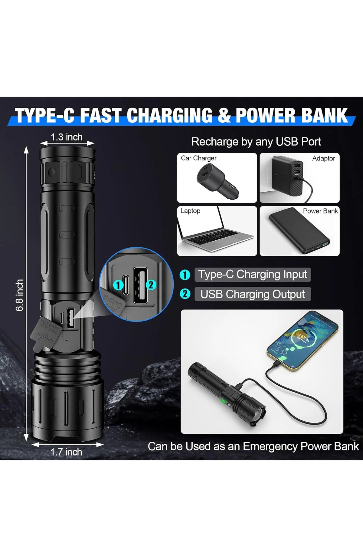Rechargeable LED Flashlight, Zoomable Metal Torch, 5 Modes, USB-C