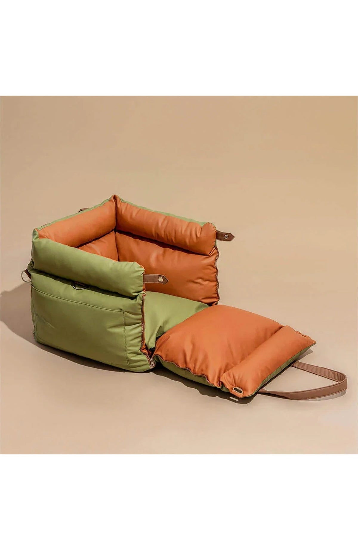 Faux Leather Pet Travel Bed - Padded Car Booster with Tether – Beige