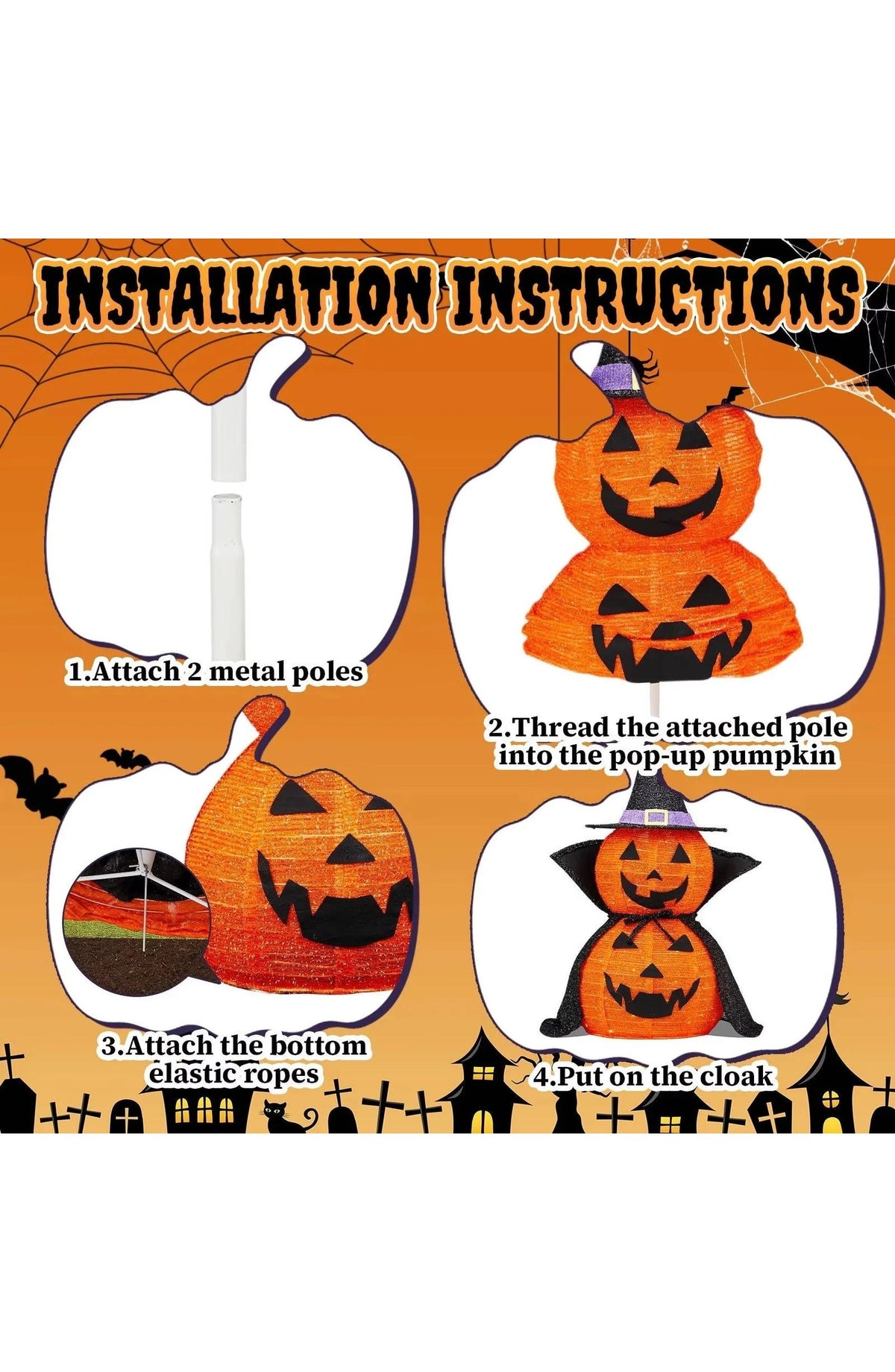 Lighted Halloween Pumpkin Set of 2 | 3 Ft Tall with 176 Warm White LEDs Each, Hat and Cape | Collapsible Metal Frame, No Tools