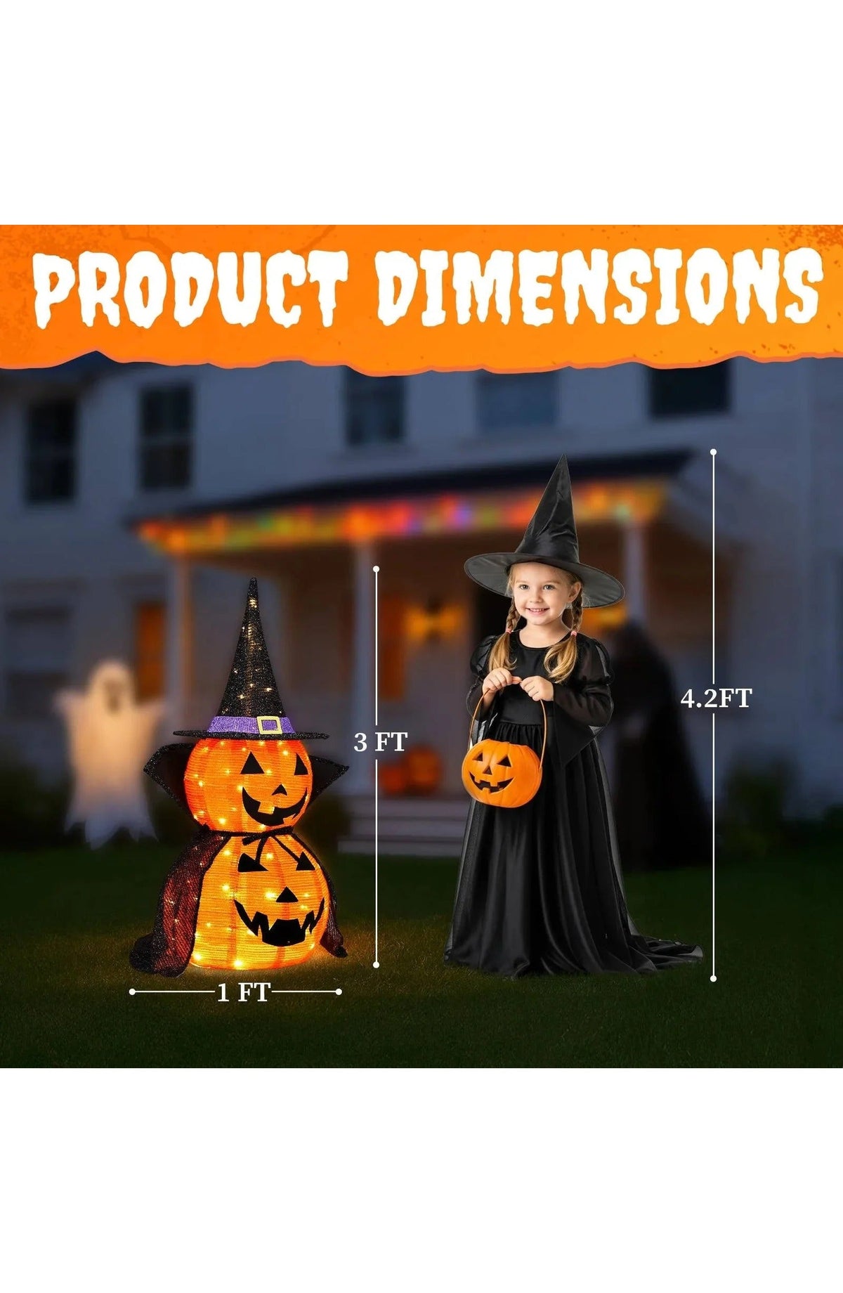 Lighted Halloween Pumpkin Set of 2 | 3 Ft Tall with 176 Warm White LEDs Each, Hat and Cape | Collapsible Metal Frame, No Tools