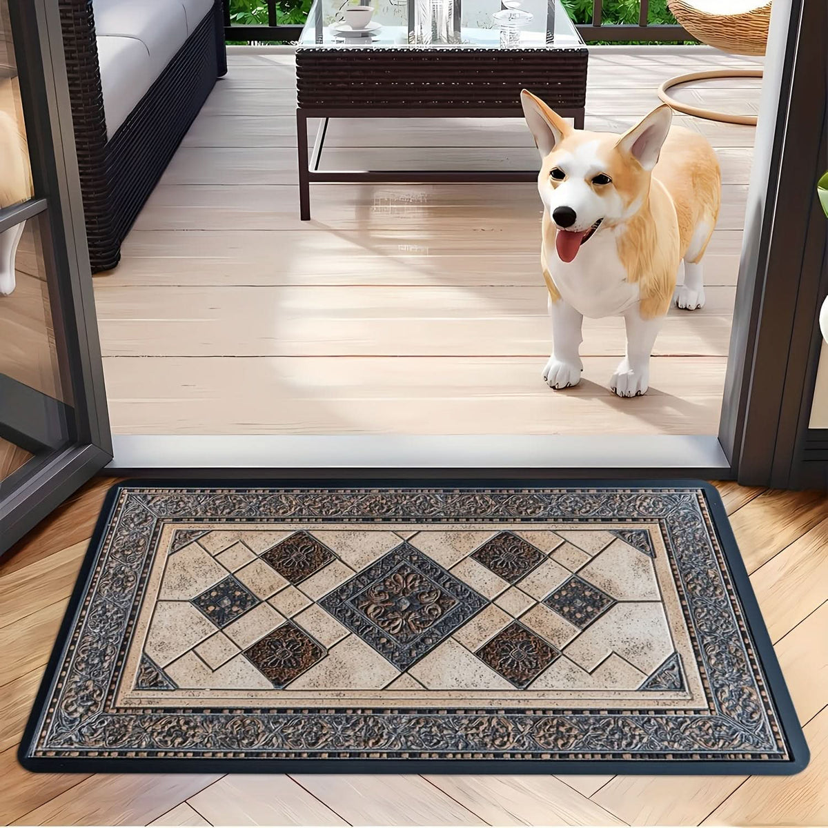 Machine Washable Geometric Border Entryway Mat | 3 Sizes 15.75-47.24 In