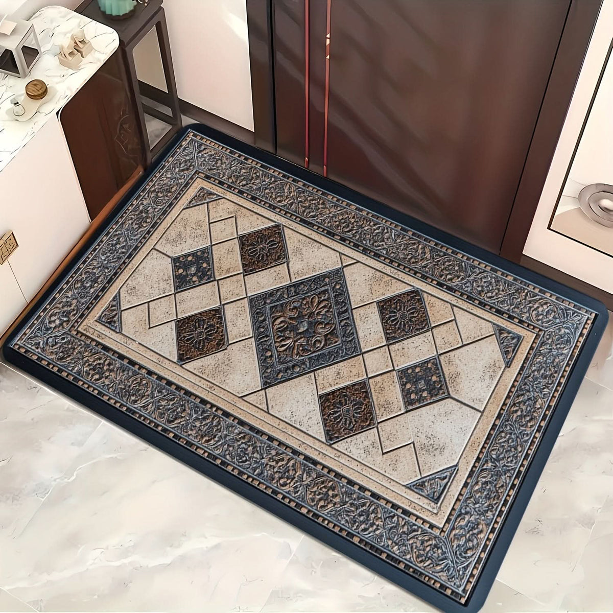 Machine Washable Geometric Border Entryway Mat | 3 Sizes 15.75-47.24 In