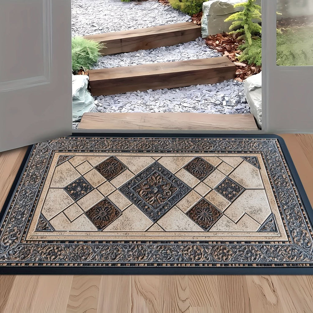 Machine Washable Geometric Border Entryway Mat | 3 Sizes 15.75-47.24 In